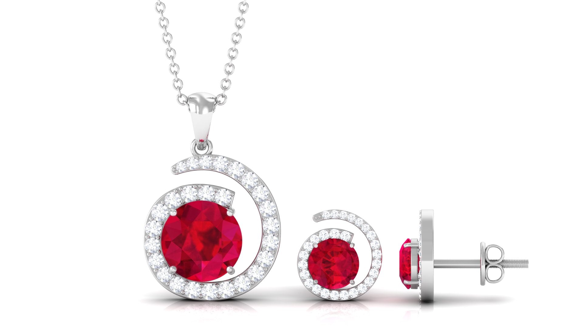 Created Ruby and Moissanite Swirl Pendant and Earrings Set