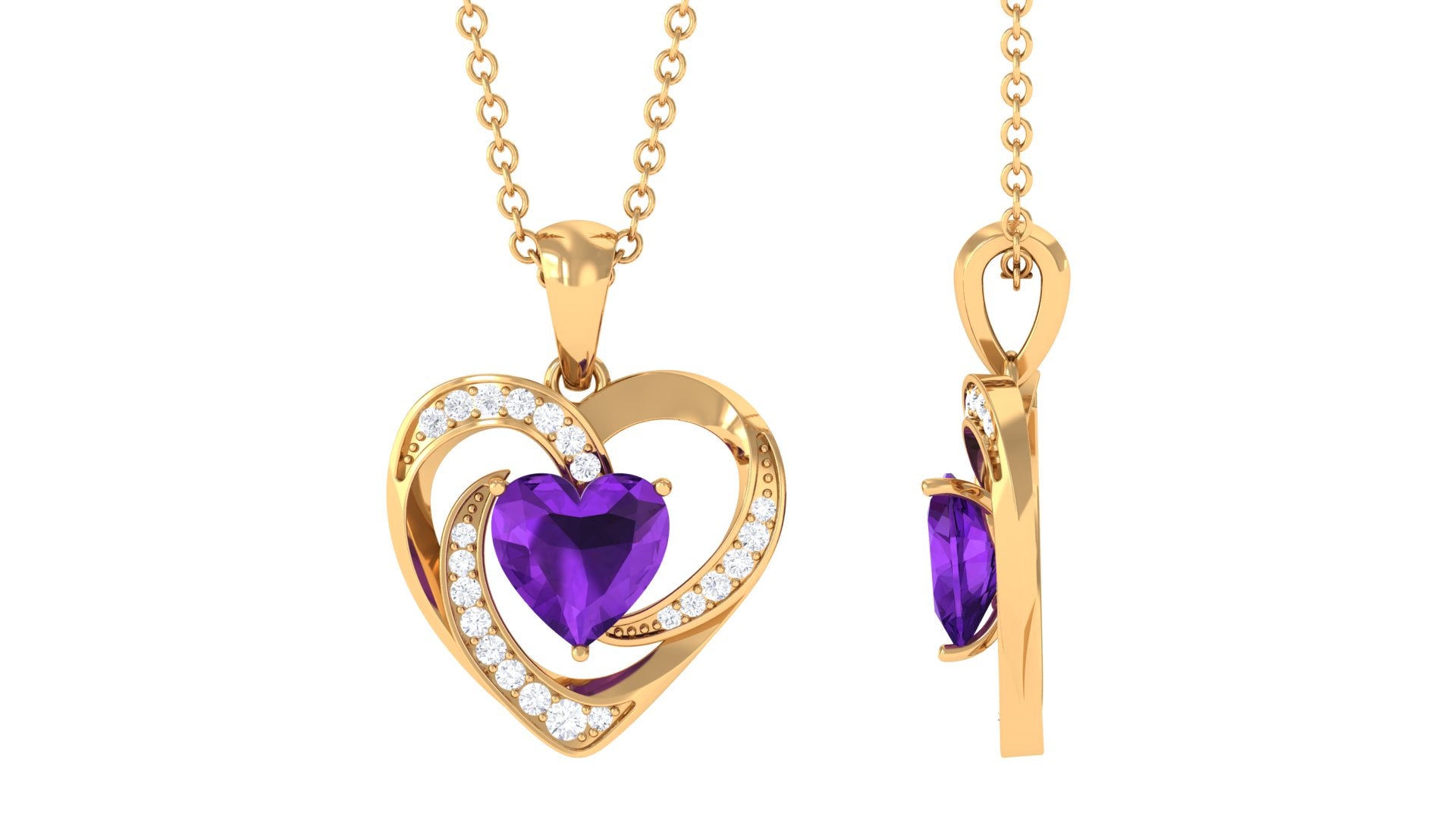 Natural 1 Carat Amethyst Heart Pendant Necklace with Diamond AAA - Rosec Jewels