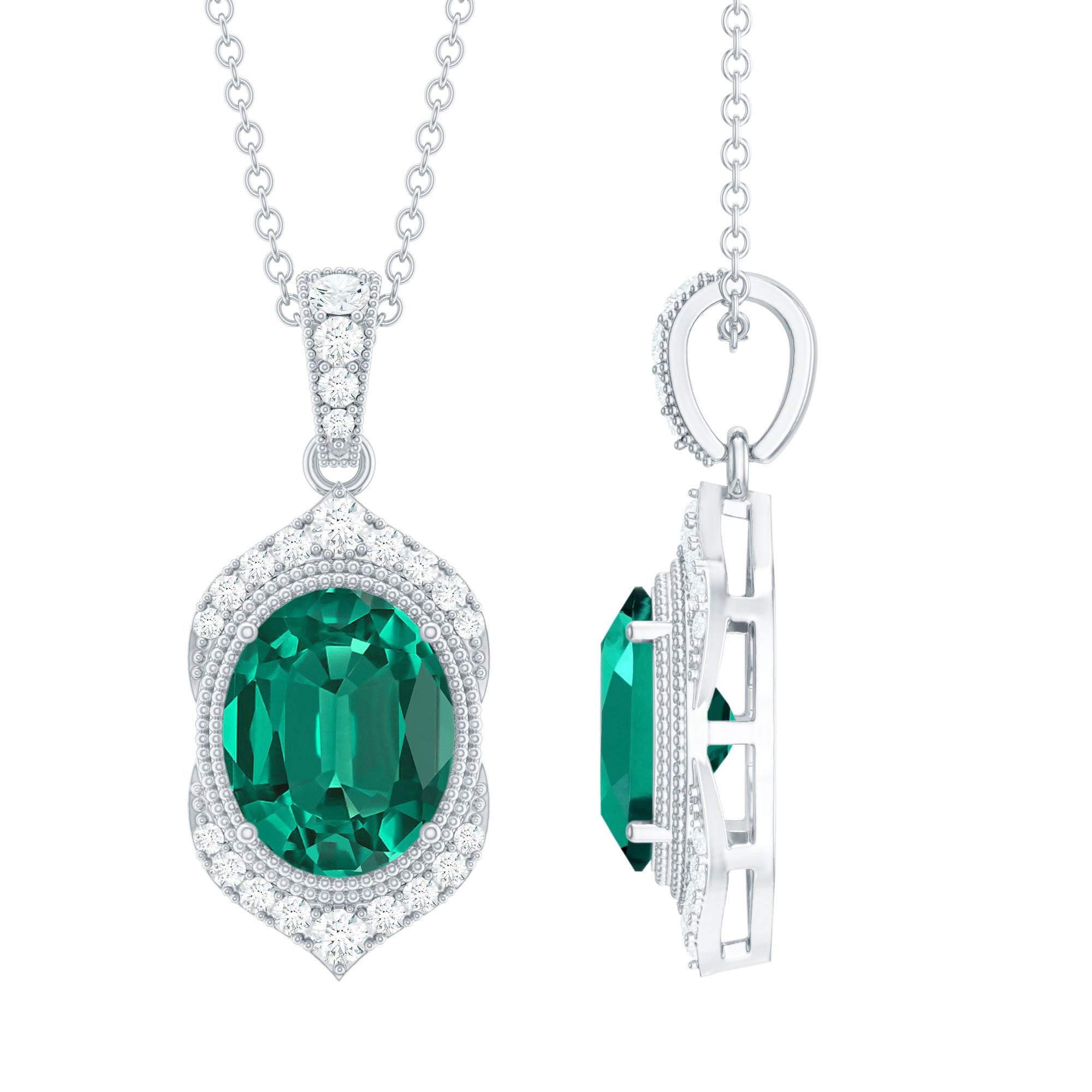 Lab Grown Emerald Vintage Inspired Pendant Necklace with Diamond