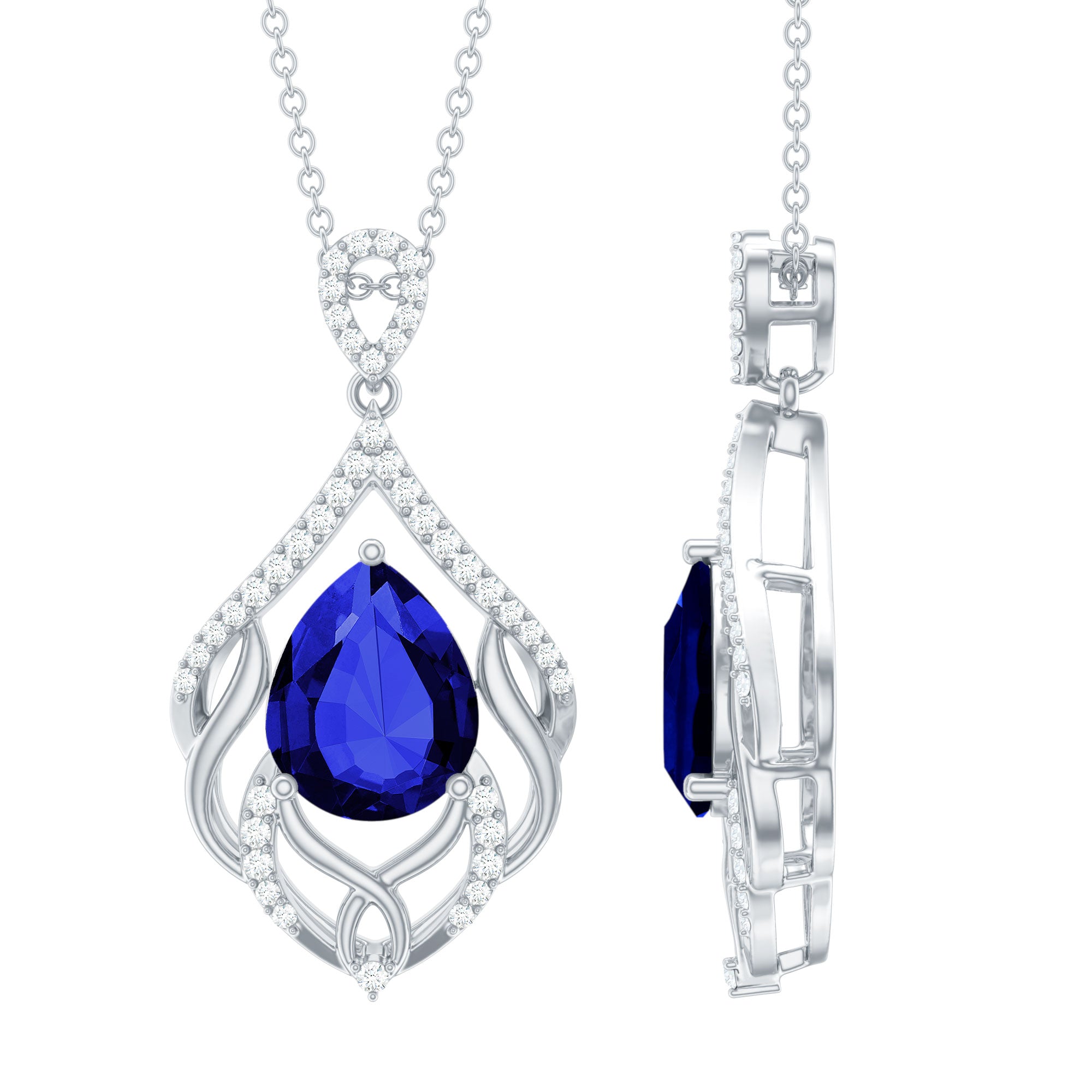 Vintage Inspired Lab Grown Blue Sapphire Designer Necklace with Diamond