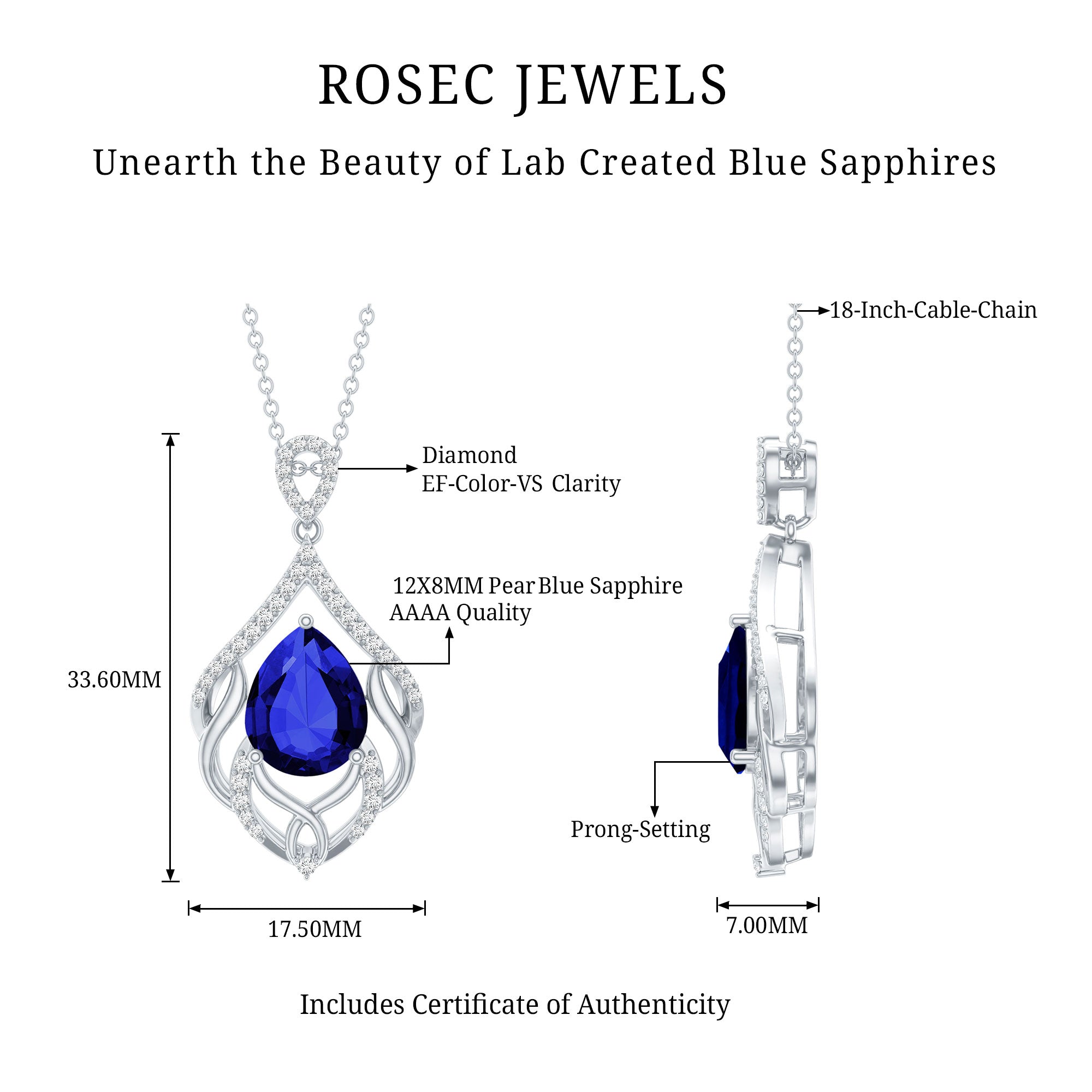 Lab Grown Blue Sapphire Designer Bridal Necklace with Diamond AAAA - Rosec Jewels