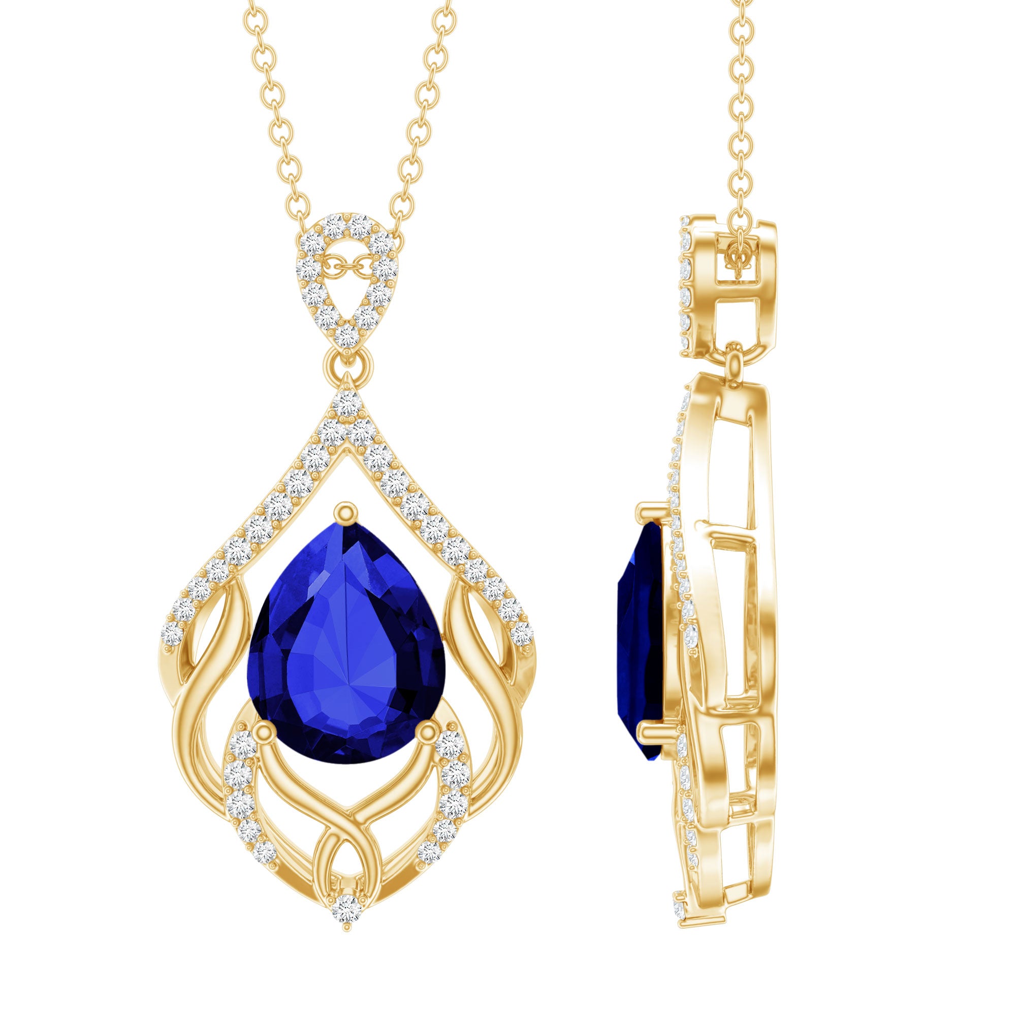 Lab Grown Blue Sapphire Designer Bridal Necklace with Diamond AAAA - Rosec Jewels