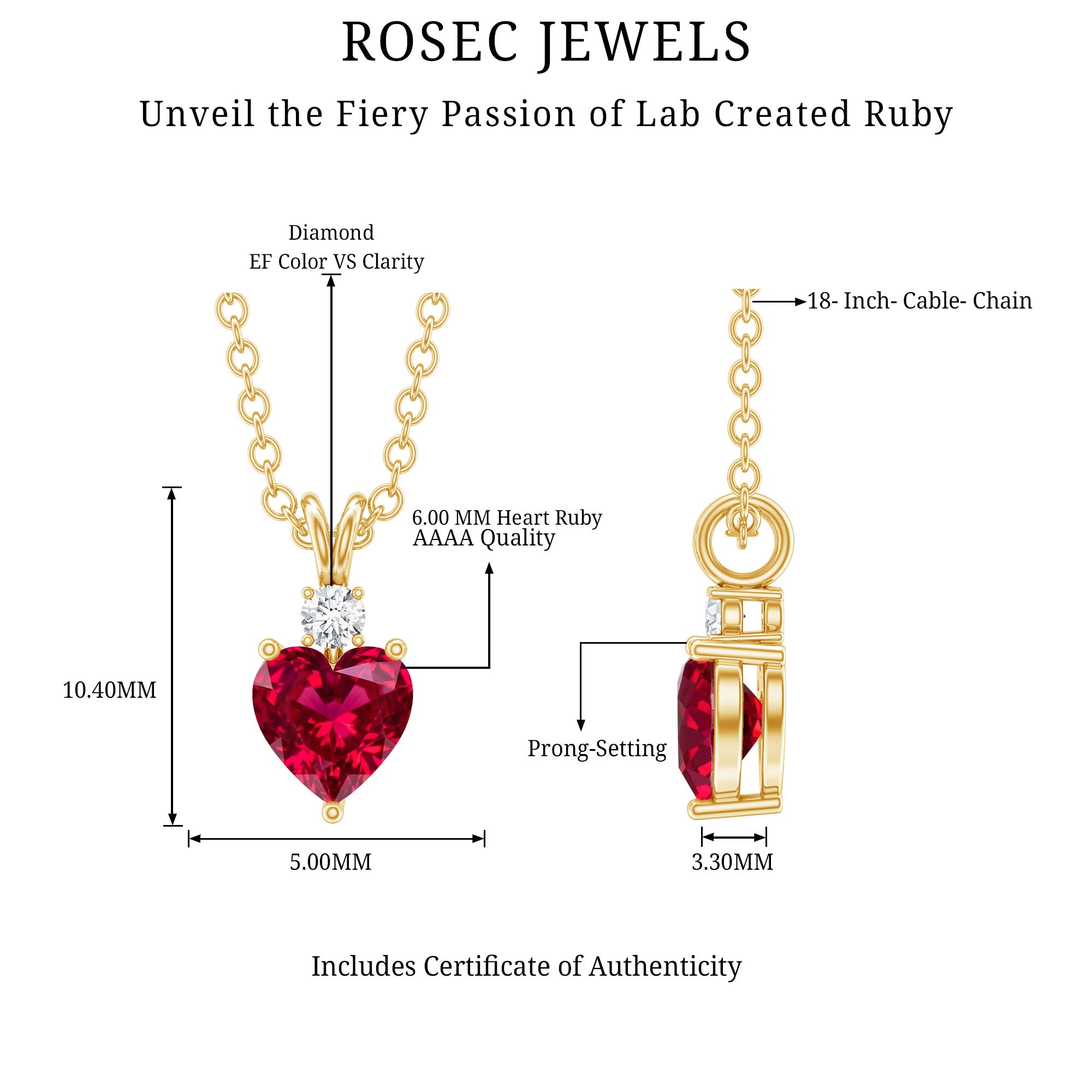 0.9 Carat Certified Lab Grown Ruby Heart Necklace with Diamond AAAA - Rosec Jewels