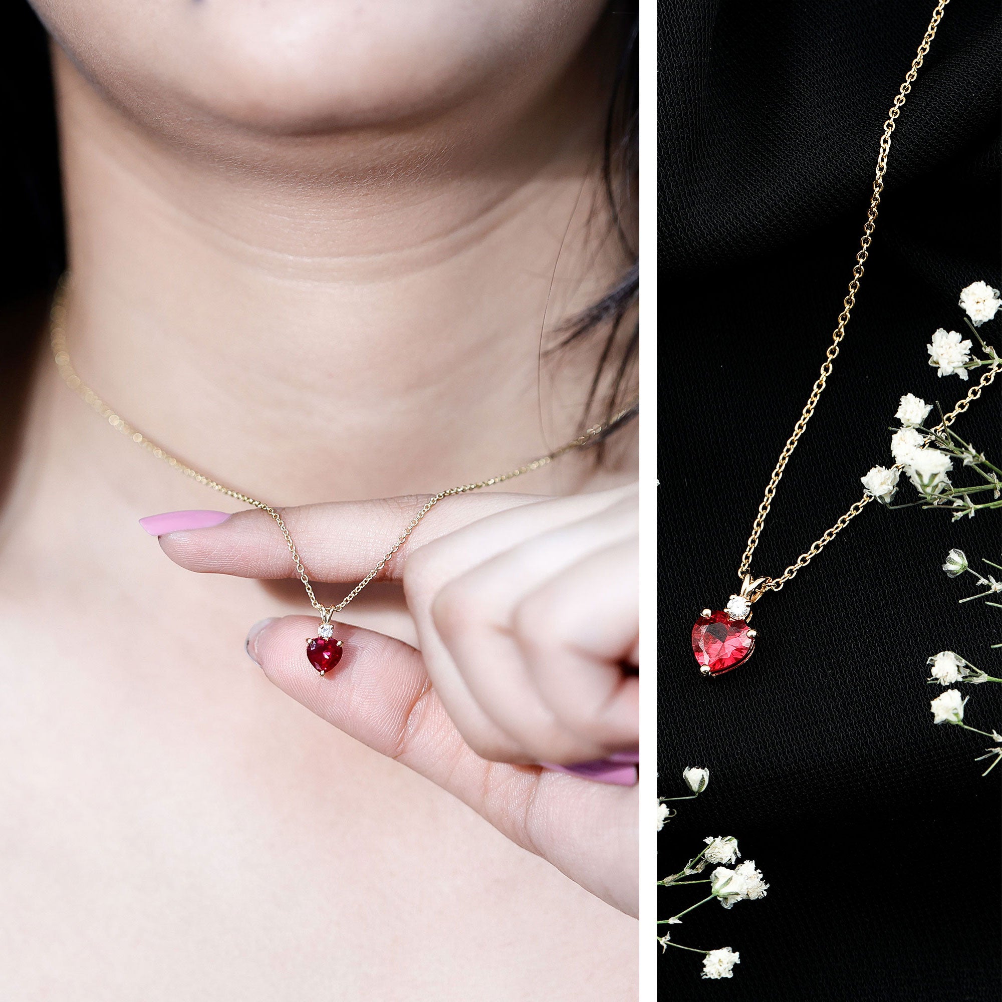 0.9 Carat Certified Lab Grown Ruby Heart Necklace with Diamond AAAA - Rosec Jewels