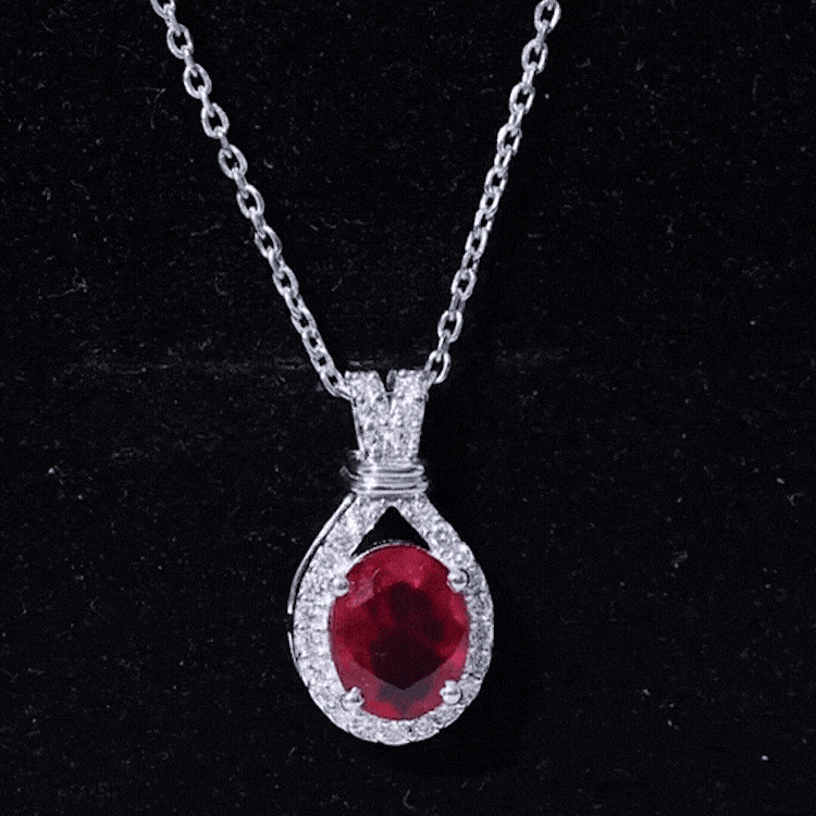 Classic Lab Grown Ruby Drop Pendant Necklace With Diamond Halo AAAA - Rosec Jewels