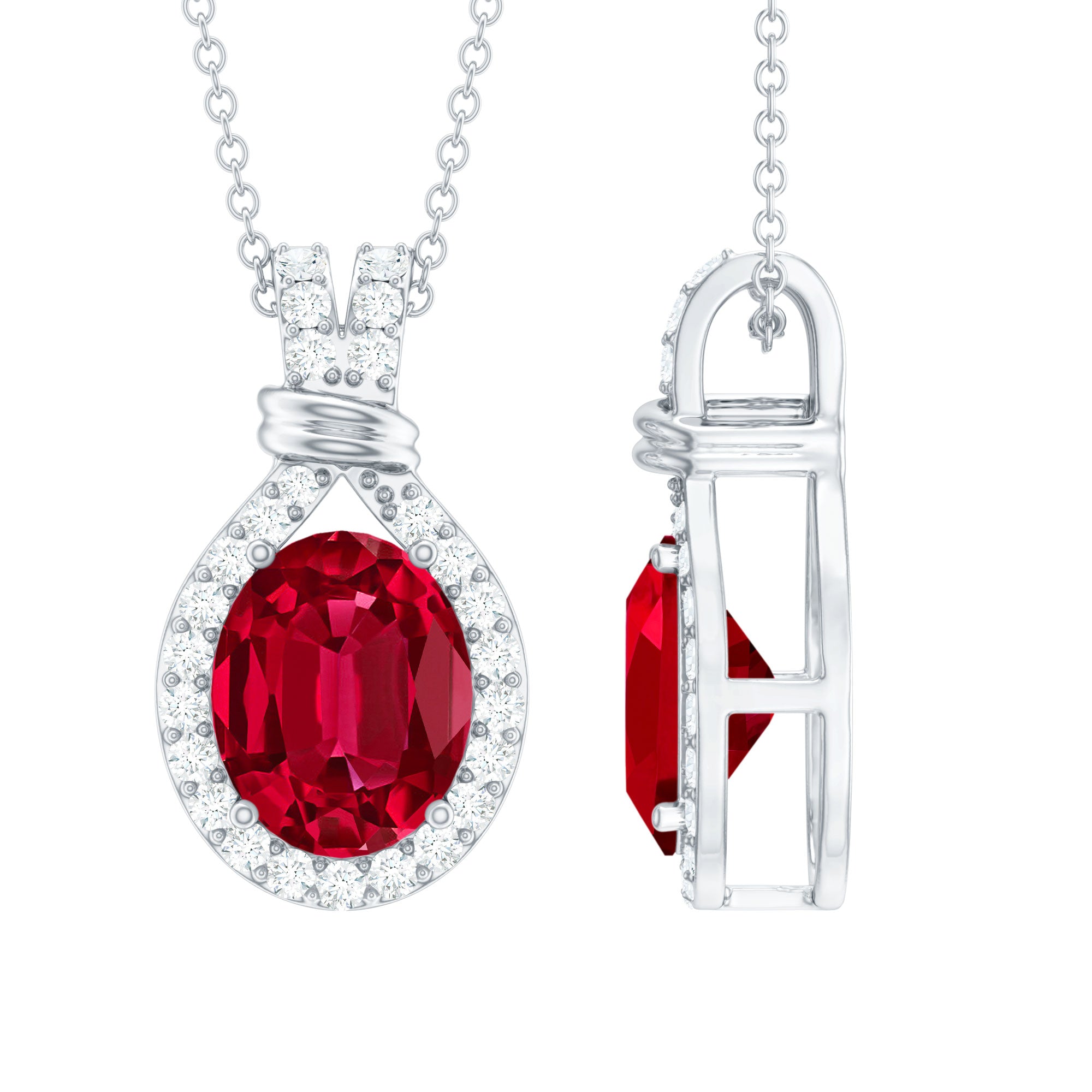 Classic Lab Grown Ruby Drop Pendant Necklace With Diamond Halo