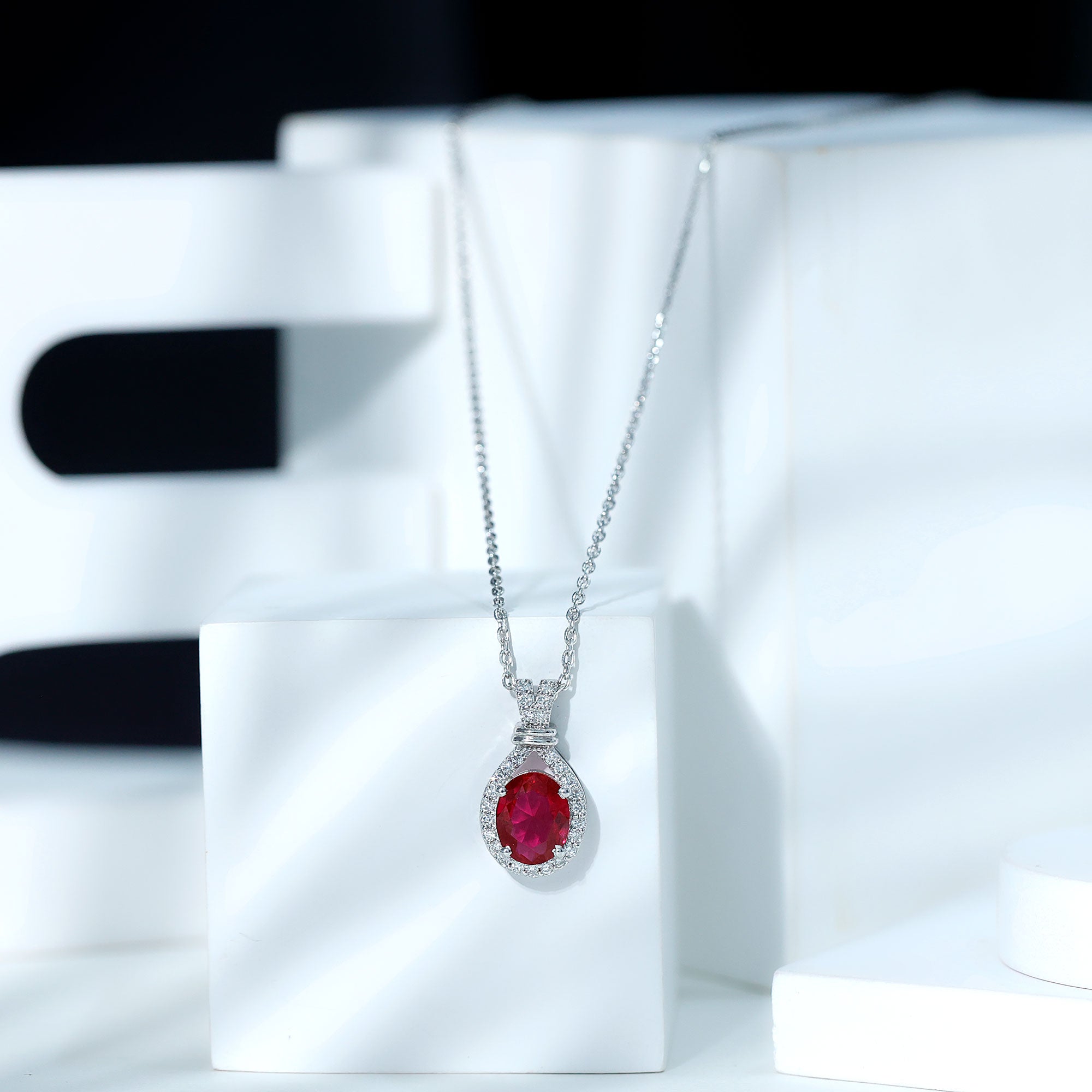 Classic Lab Grown Ruby Drop Pendant Necklace With Diamond Halo AAAA - Rosec Jewels