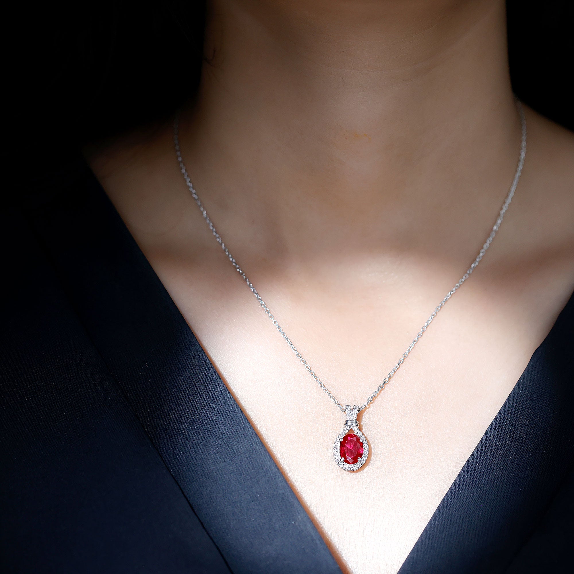 Classic Lab Grown Ruby Drop Pendant Necklace With Diamond Halo AAAA - Rosec Jewels