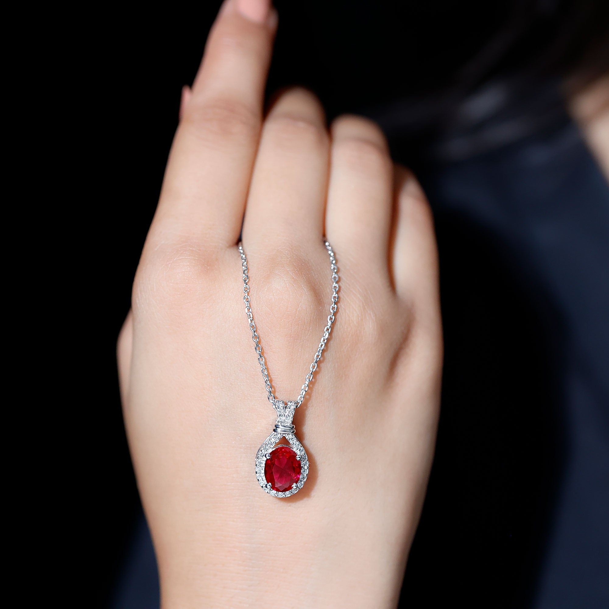 Classic Lab Grown Ruby Drop Pendant Necklace With Diamond Halo AAAA - Rosec Jewels
