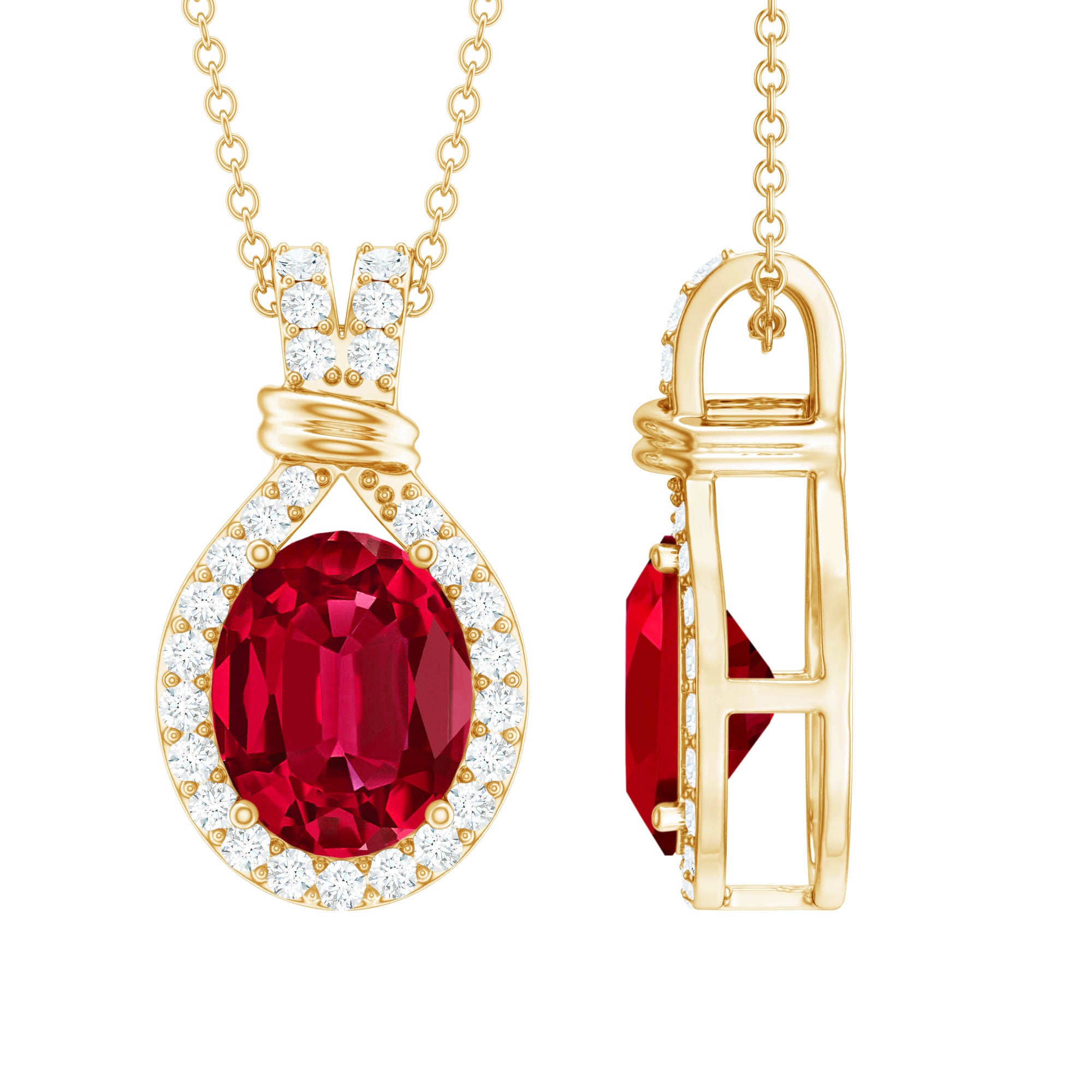 Classic Lab Grown Ruby Drop Pendant Necklace With Diamond Halo AAAA - Rosec Jewels