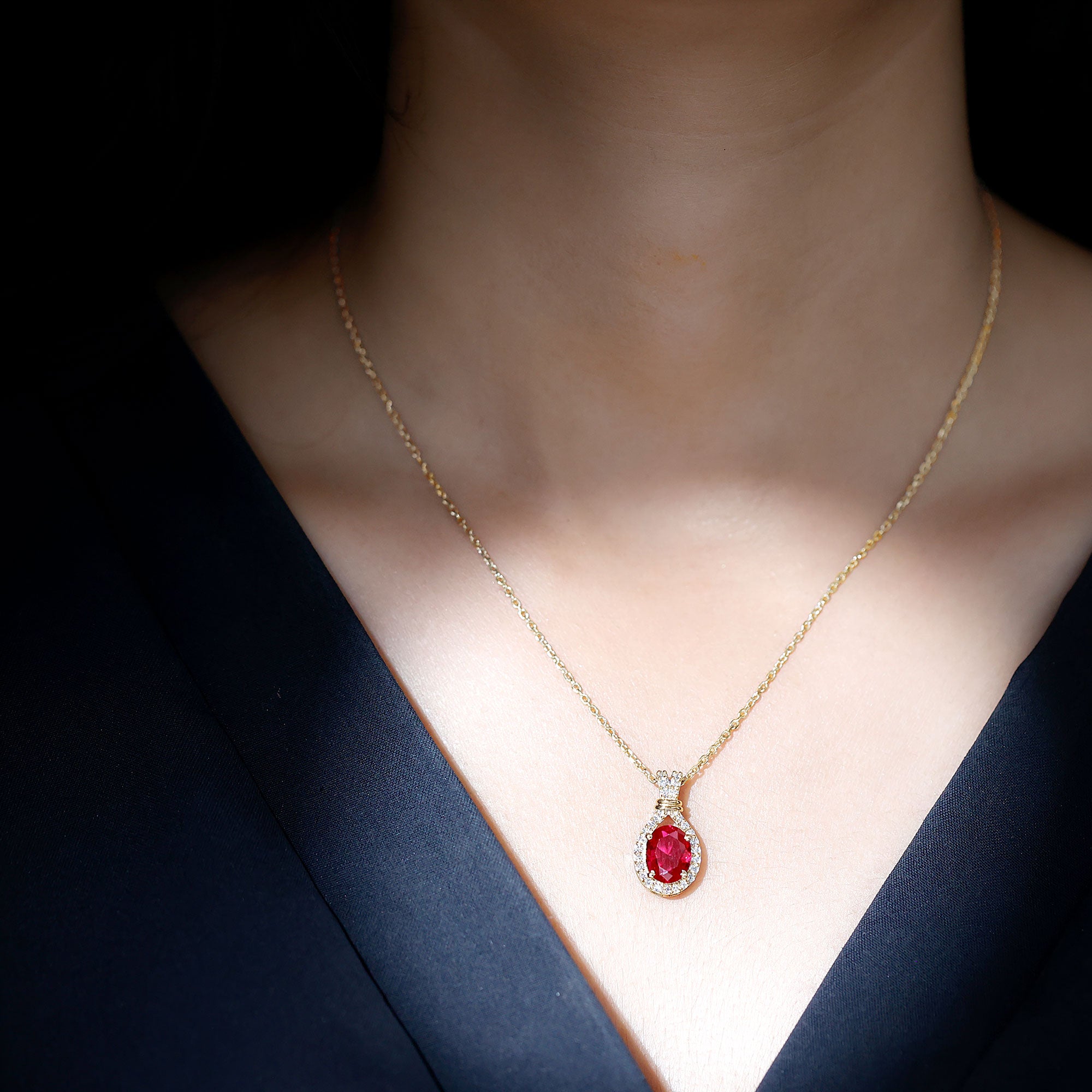 Classic Lab Grown Ruby Drop Pendant Necklace With Diamond Halo AAAA - Rosec Jewels