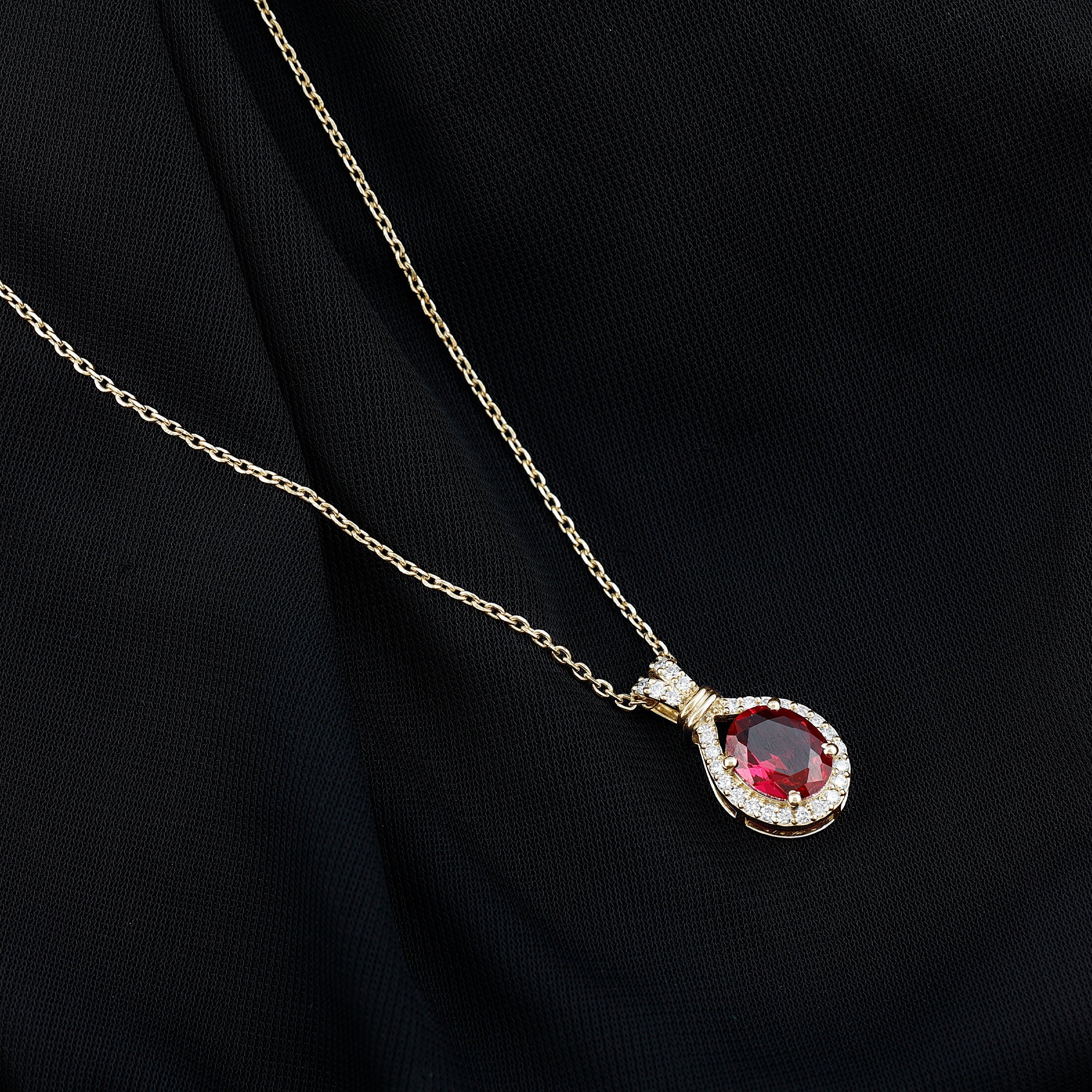 Classic Lab Grown Ruby Drop Pendant Necklace With Diamond Halo AAAA - Rosec Jewels