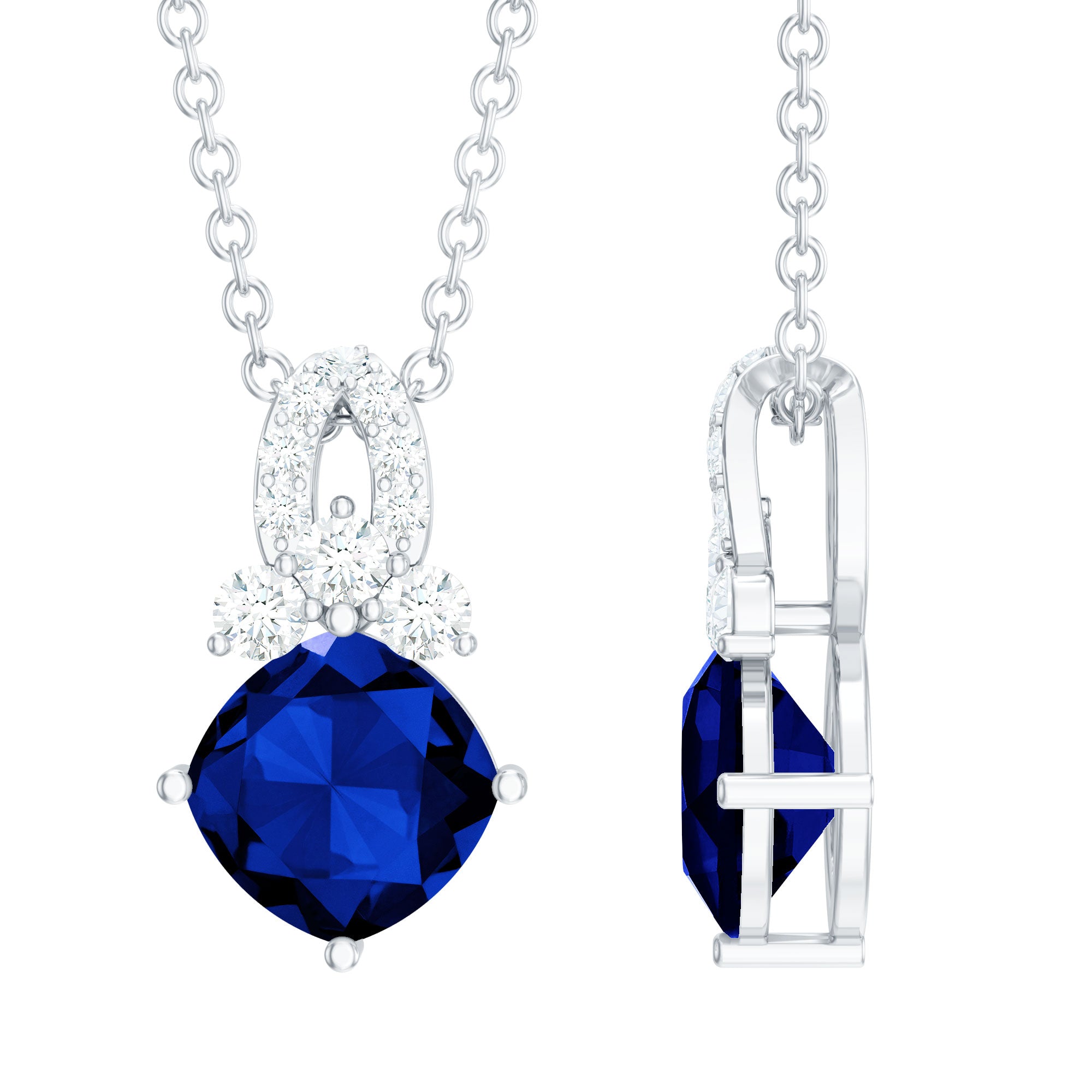 Cushion Cut Lab Grown Blue Sapphire Solitaire Necklace with Diamond AAAA - Rosec Jewels