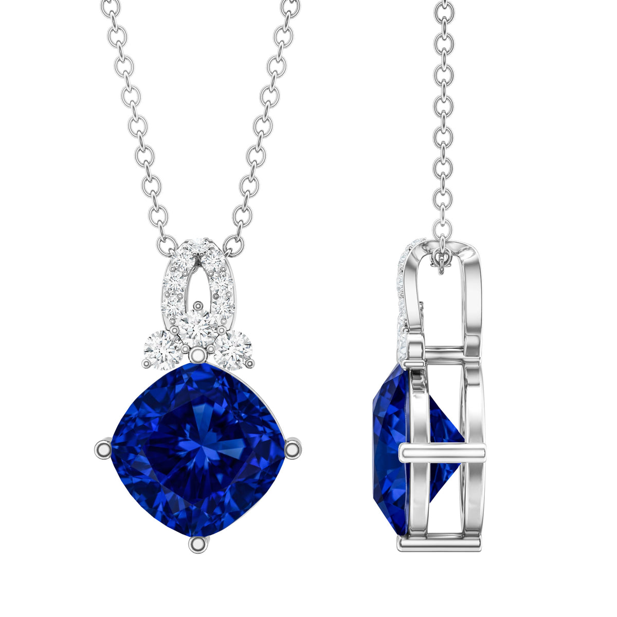 Cushion Cut Lab Grown Blue Sapphire Solitaire Necklace with Diamond AAAA - Rosec Jewels