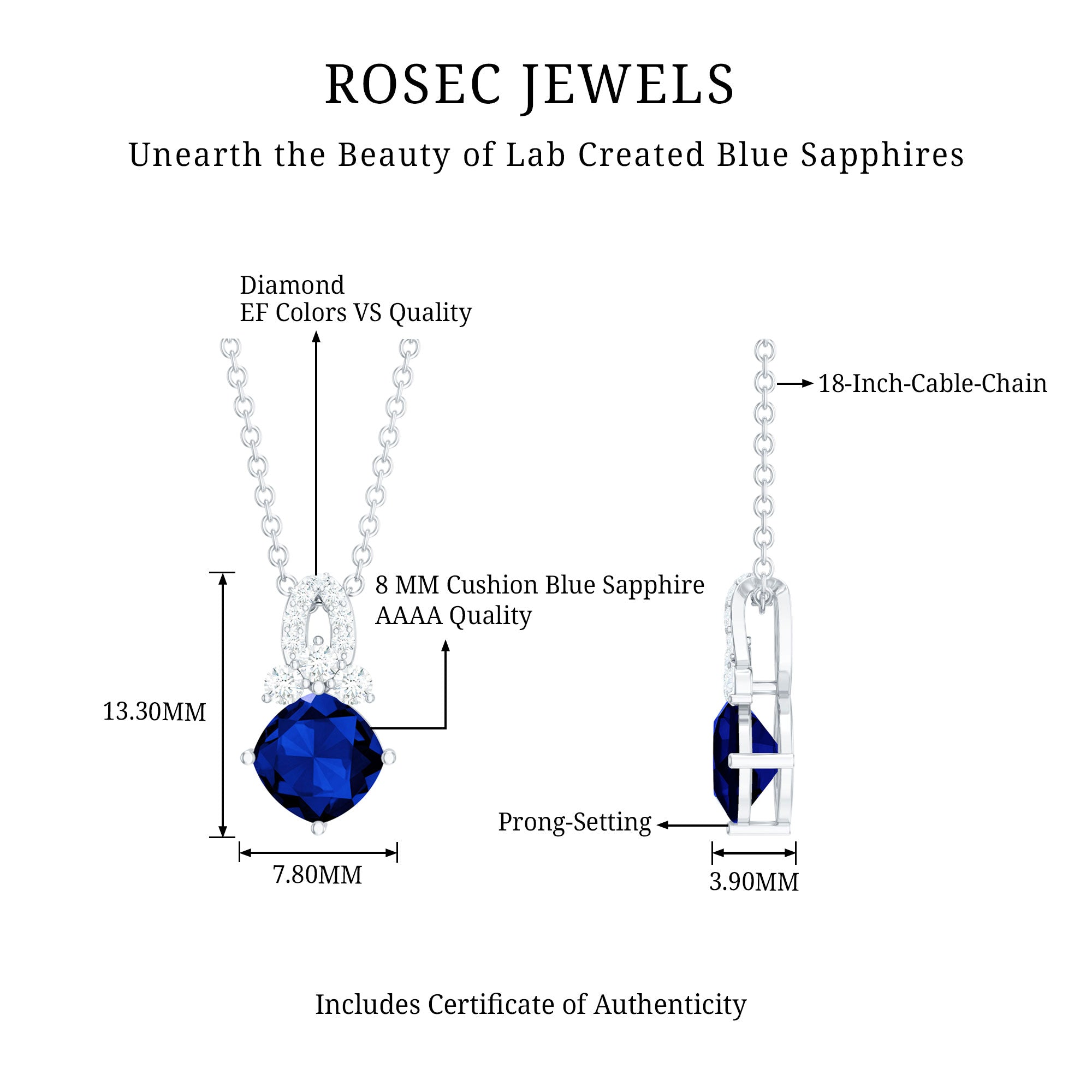 Cushion Cut Lab Grown Blue Sapphire Solitaire Necklace with Diamond AAAA - Rosec Jewels