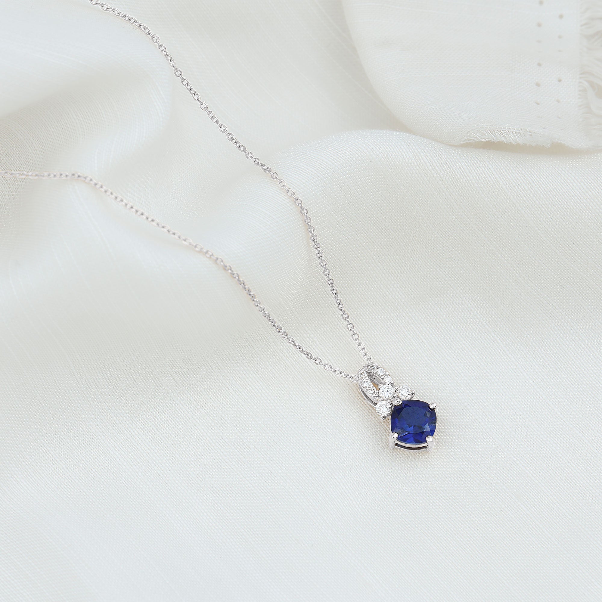 Cushion Cut Lab Grown Blue Sapphire Solitaire Necklace with Diamond AAAA - Rosec Jewels