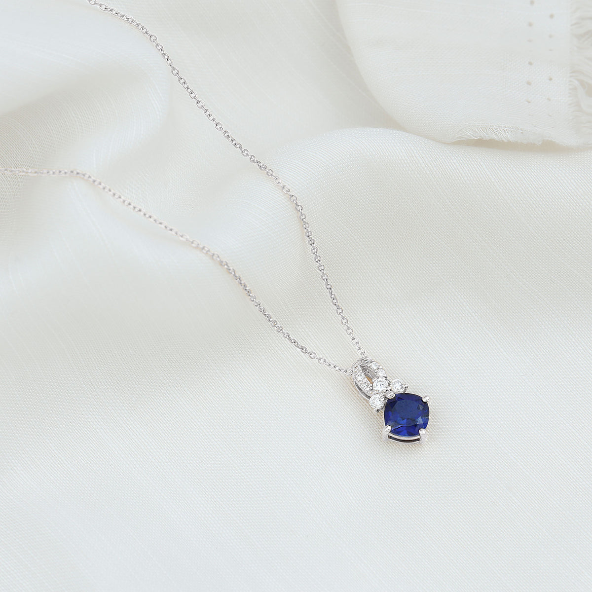 Cushion Cut Lab Grown Blue Sapphire Solitaire Necklace with Diamond AAAA - Rosec Jewels