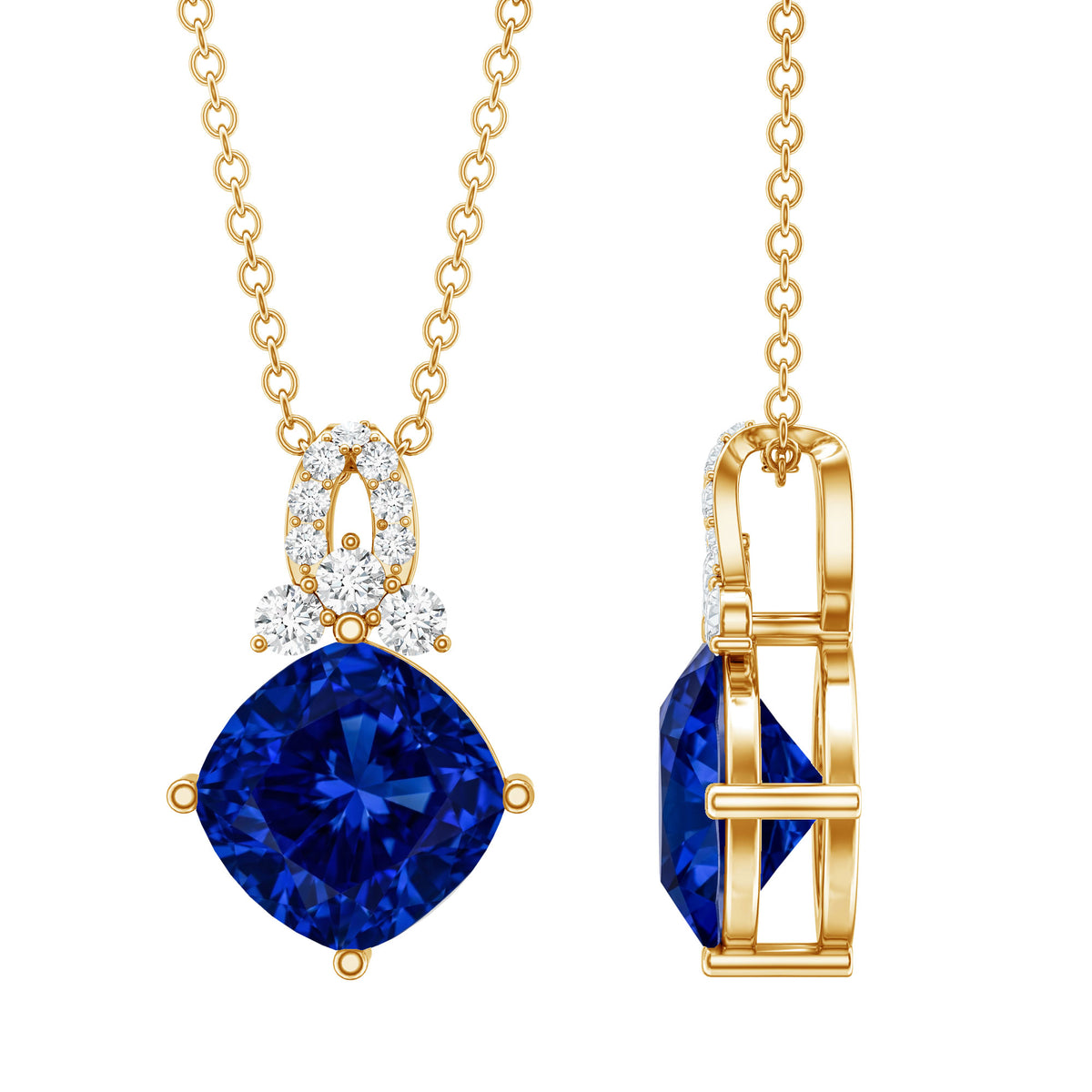 Cushion Cut Lab Grown Blue Sapphire Solitaire Necklace with Diamond AAAA - Rosec Jewels