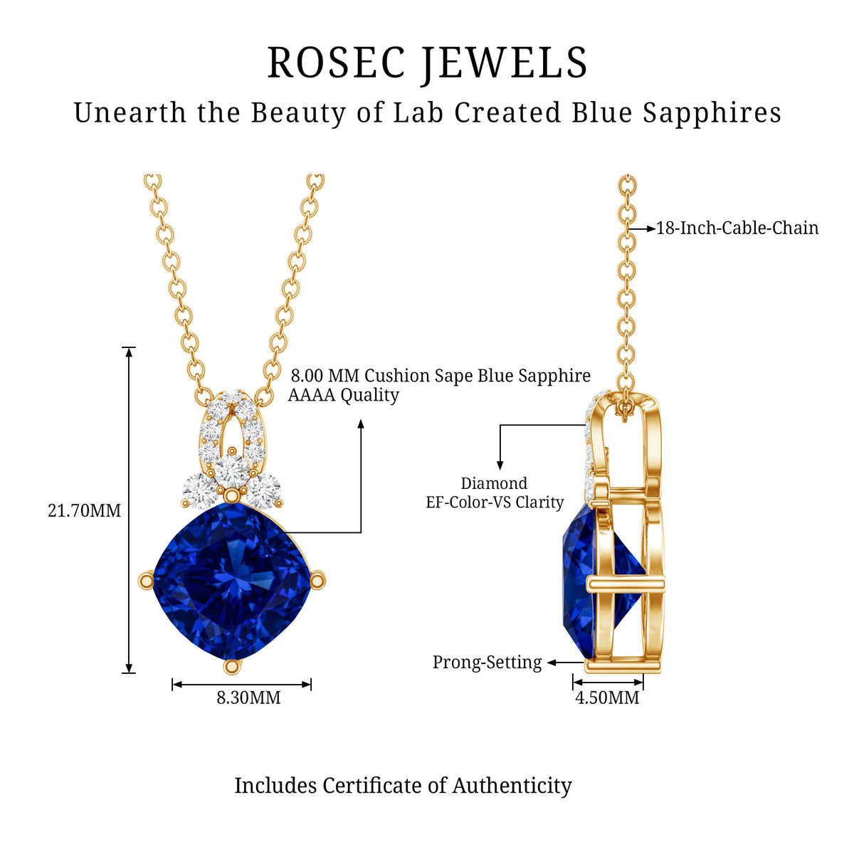 Cushion Cut Lab Grown Blue Sapphire Solitaire Necklace with Diamond AAAA - Rosec Jewels