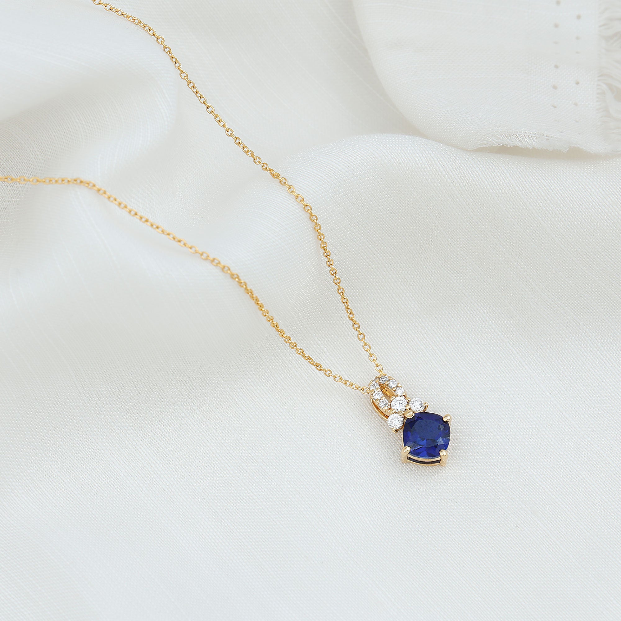 Cushion Cut Lab Grown Blue Sapphire Solitaire Necklace with Diamond AAAA - Rosec Jewels