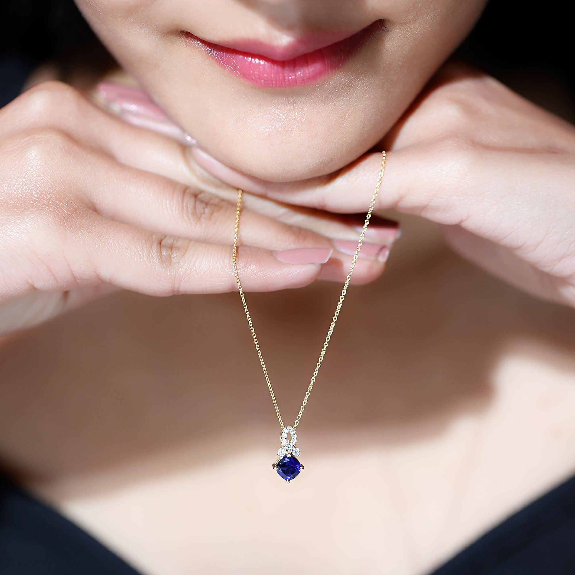 Cushion Cut Lab Grown Blue Sapphire Solitaire Necklace with Diamond AAAA - Rosec Jewels