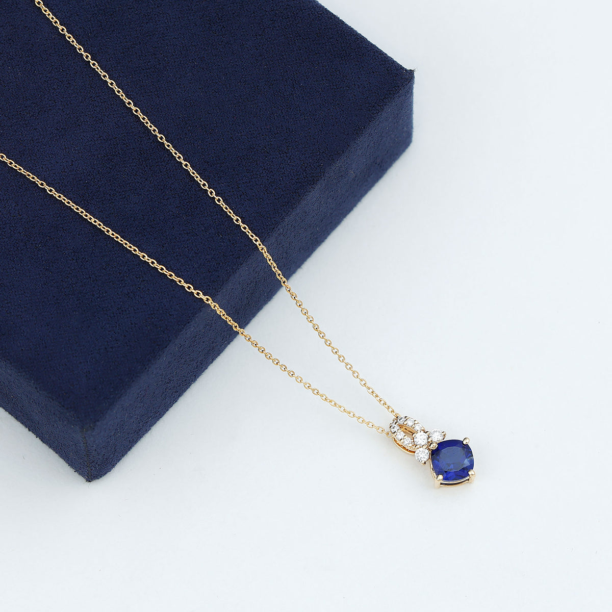 Cushion Cut Lab Grown Blue Sapphire Solitaire Necklace with Diamond AAAA - Rosec Jewels