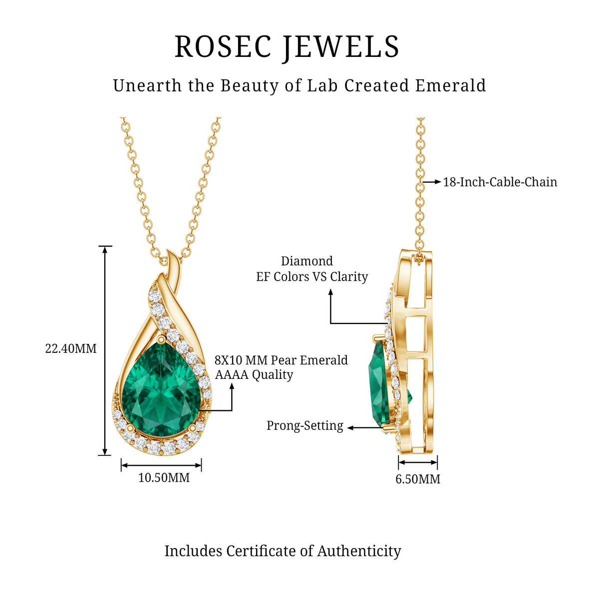 Lab Grown Emerald Vintage Inspired Necklace with Diamond AAAA - Rosec Jewels