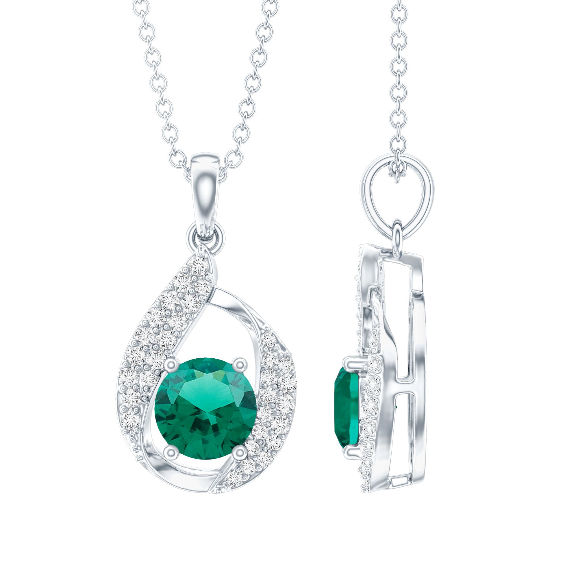 Certified 0.8 Carat Lab Grown Emerald Drop Necklace with Silver Chain AAAA 92.5 Sterling Silver - Rosec Jewels