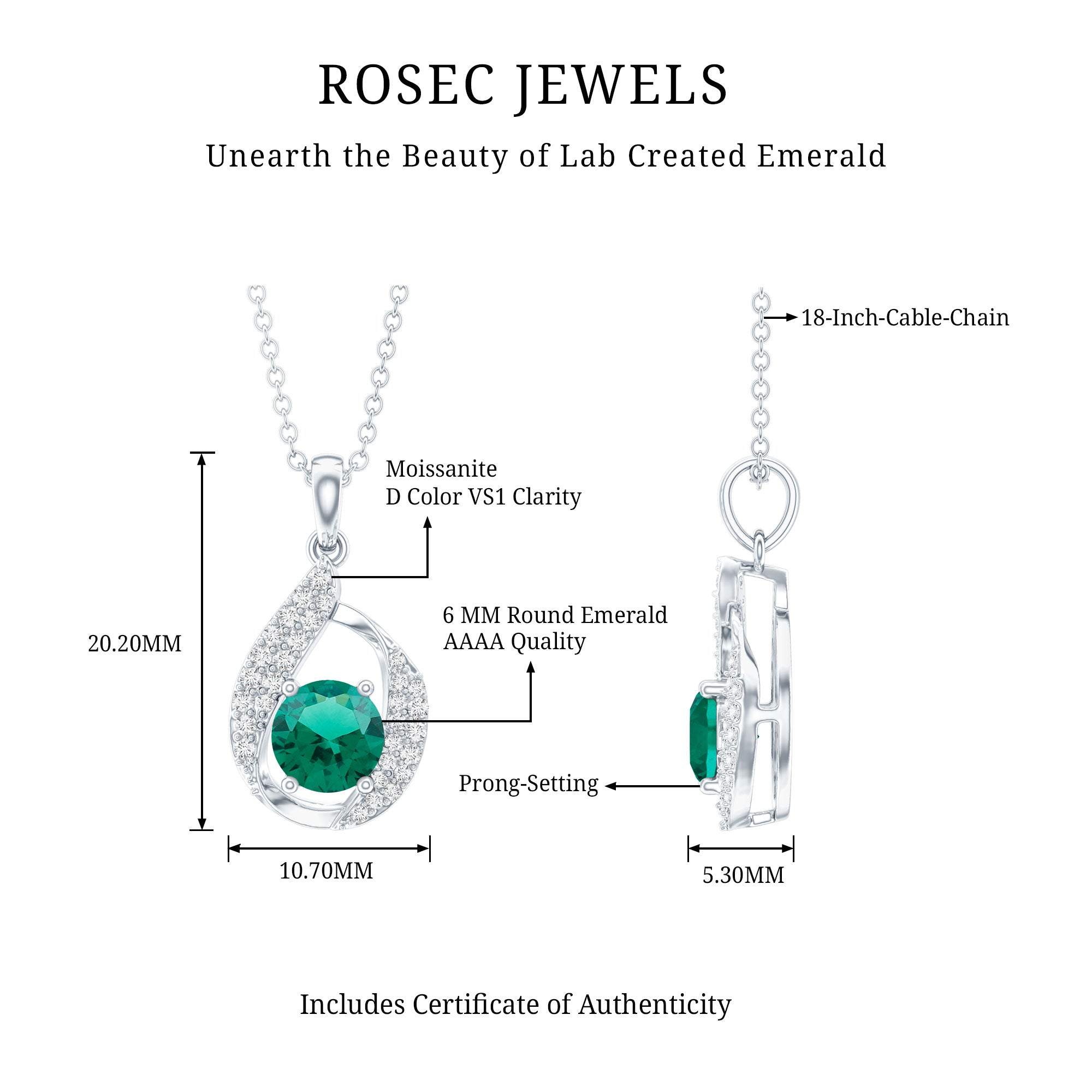 Certified 0.8 Carat Lab Grown Emerald Drop Necklace with Silver Chain AAAA 92.5 Sterling Silver - Rosec Jewels