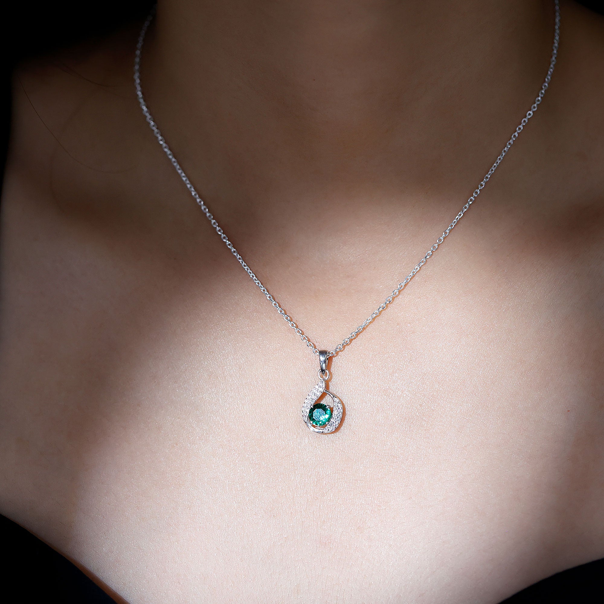 Certified 0.8 Carat Lab Grown Emerald Drop Necklace with Silver Chain AAAA 92.5 Sterling Silver - Rosec Jewels