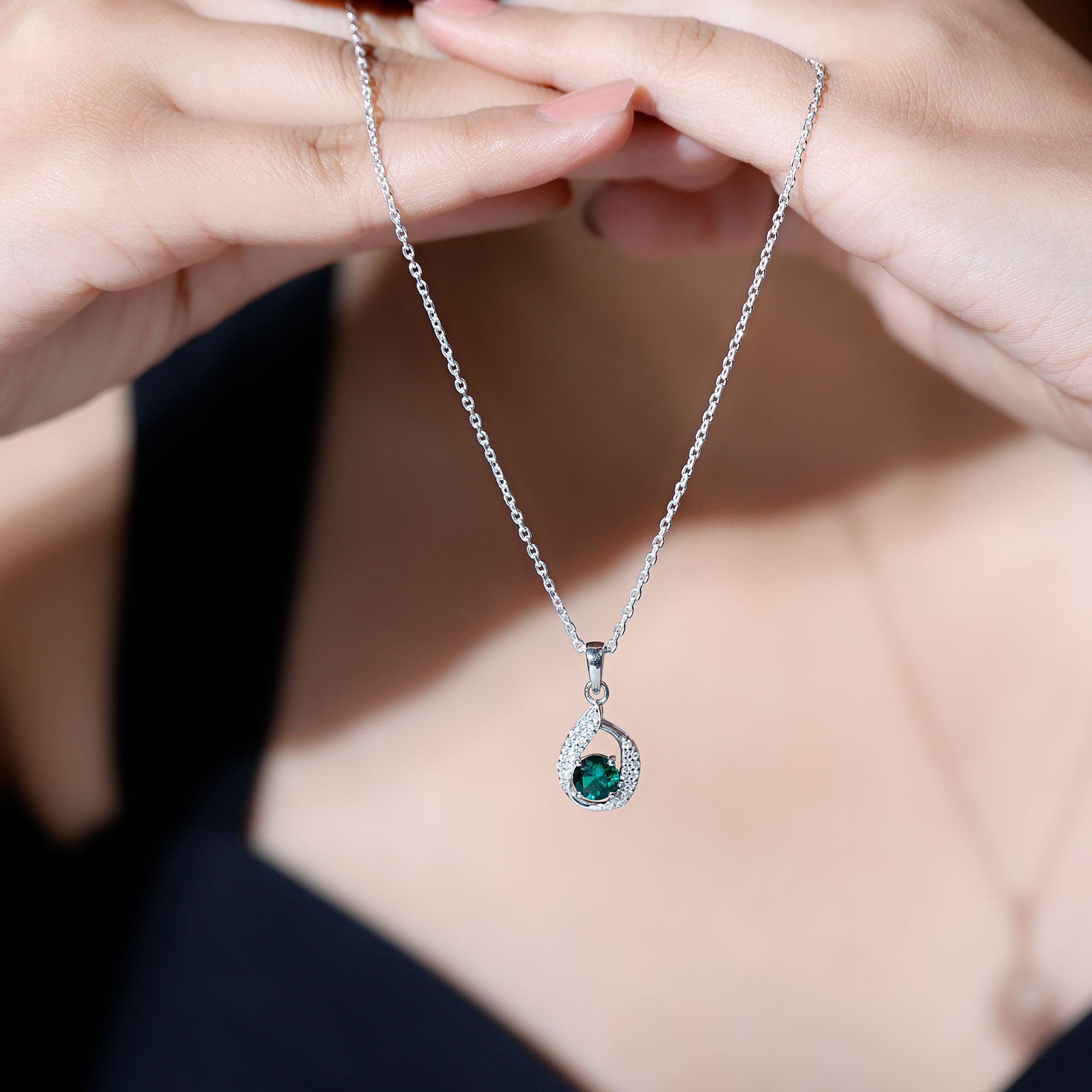 Certified 0.8 Carat Lab Grown Emerald Drop Necklace with Silver Chain AAAA 92.5 Sterling Silver - Rosec Jewels