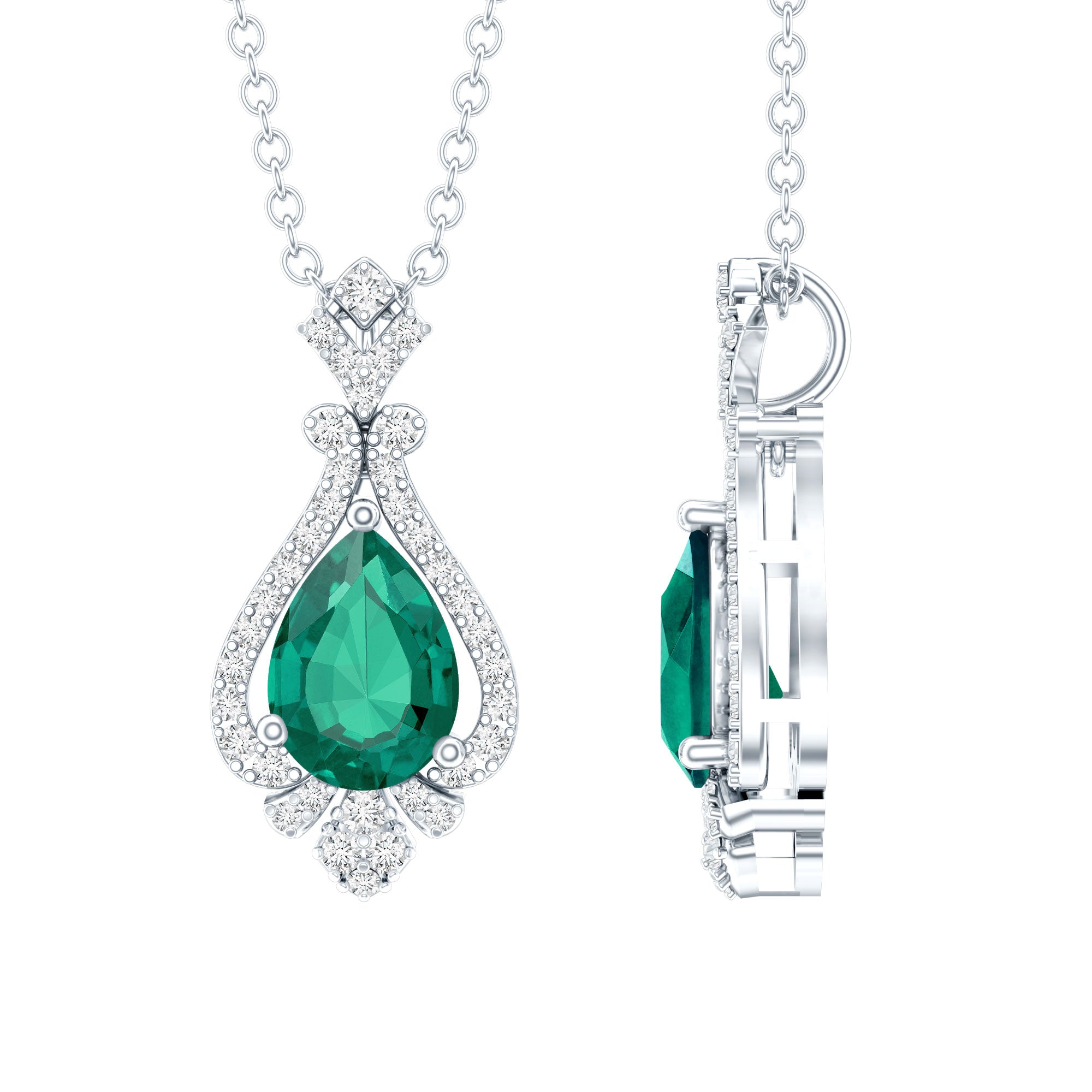 Vintage Inspired Lab Grown Emerald 0.75 Carat Bridal Necklace with Silver Chain AAAA 92.5 Sterling Silver - Rosec Jewels