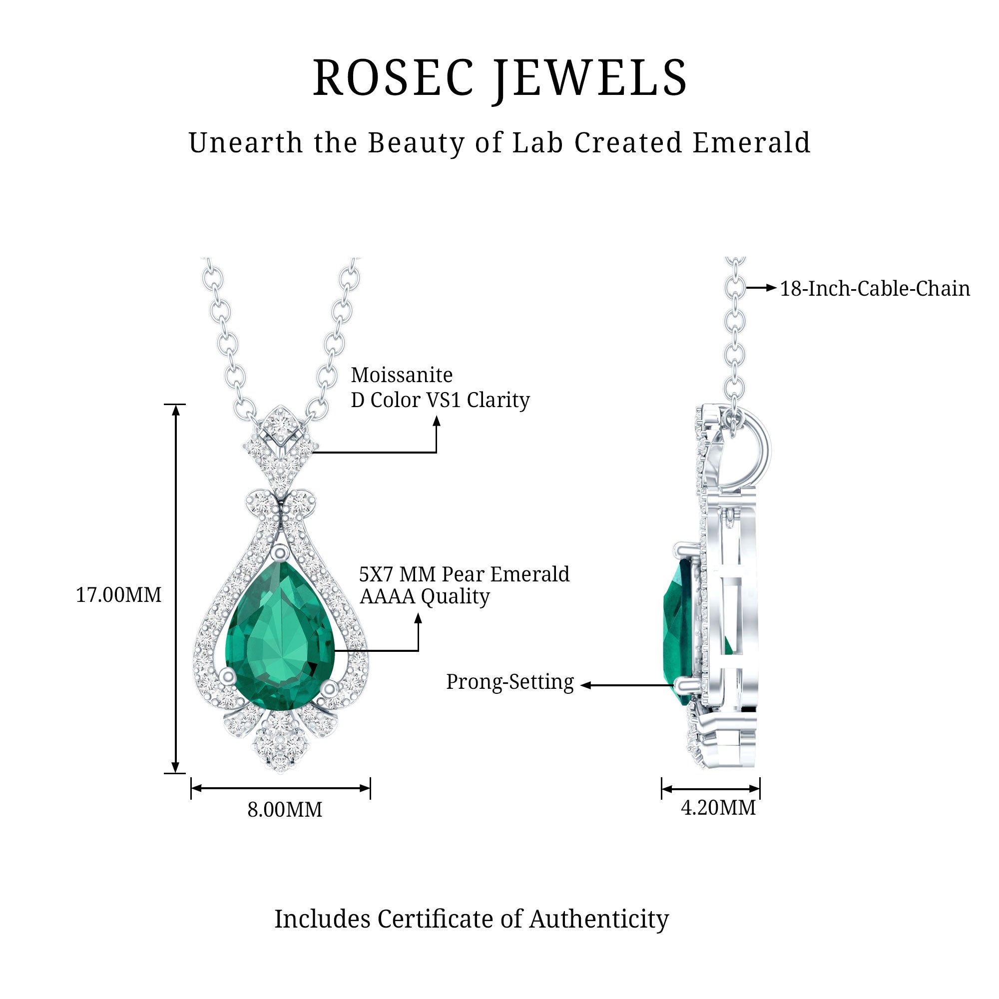 Vintage Inspired Lab Grown Emerald 0.75 Carat Bridal Necklace with Silver Chain AAAA 92.5 Sterling Silver - Rosec Jewels