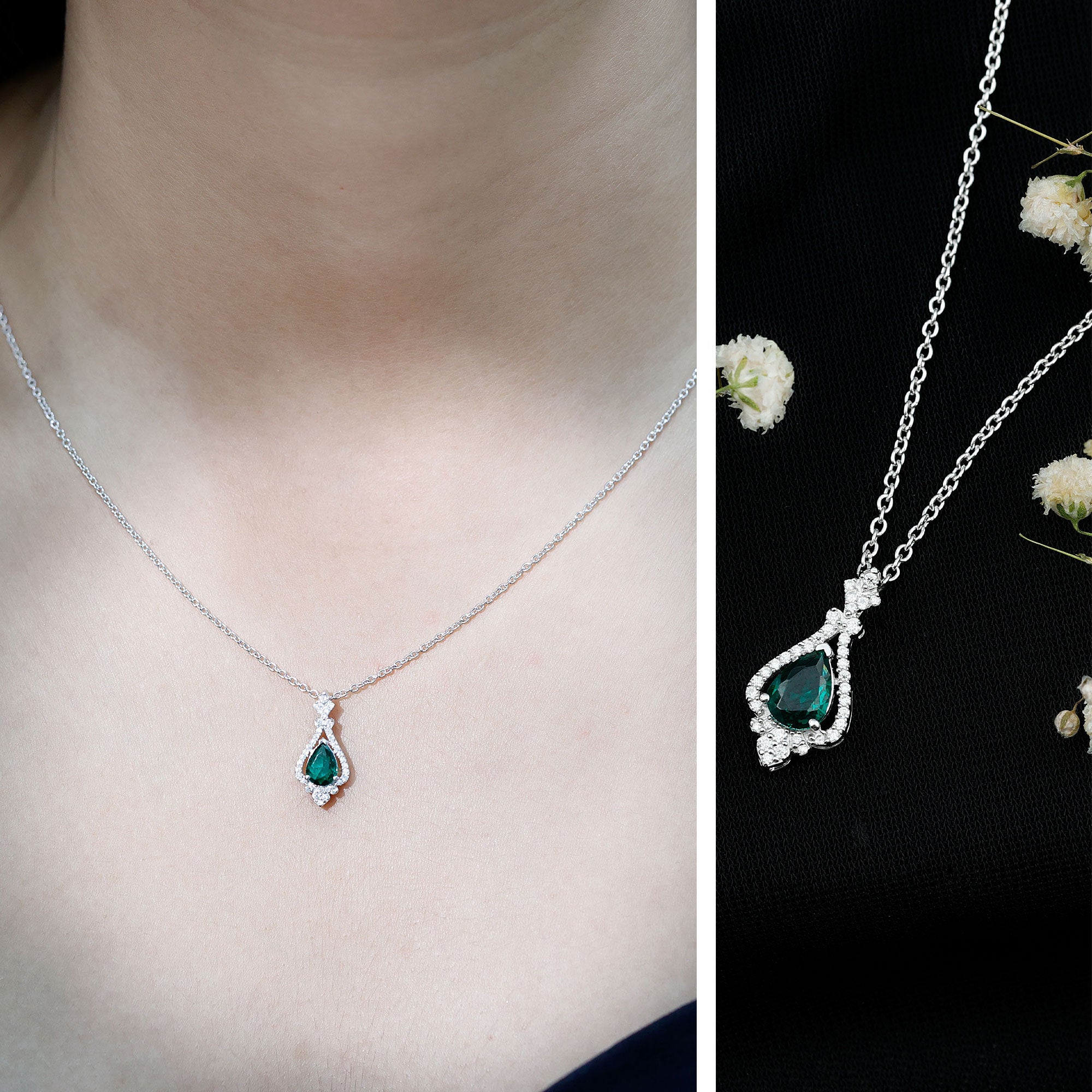 Vintage Inspired Lab Grown Emerald 0.75 Carat Bridal Necklace with Silver Chain AAAA 92.5 Sterling Silver - Rosec Jewels