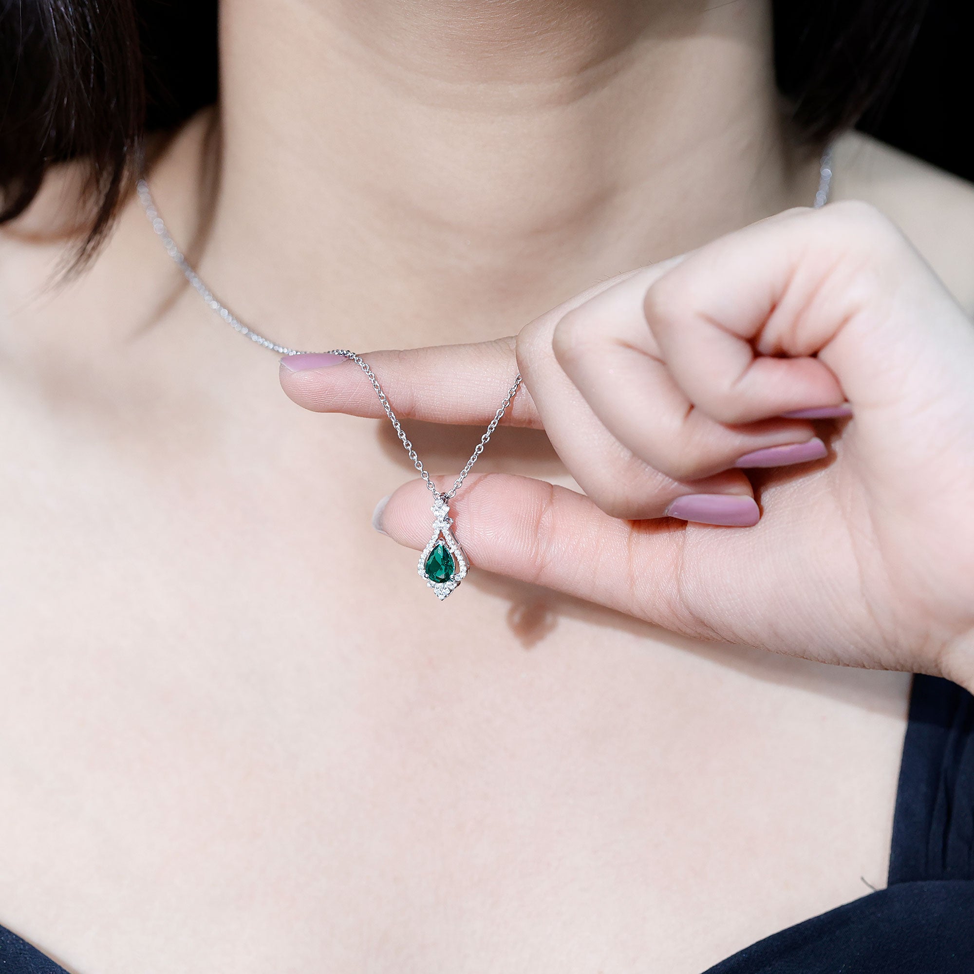 Vintage Inspired Lab Grown Emerald 0.75 Carat Bridal Necklace with Silver Chain AAAA 92.5 Sterling Silver - Rosec Jewels