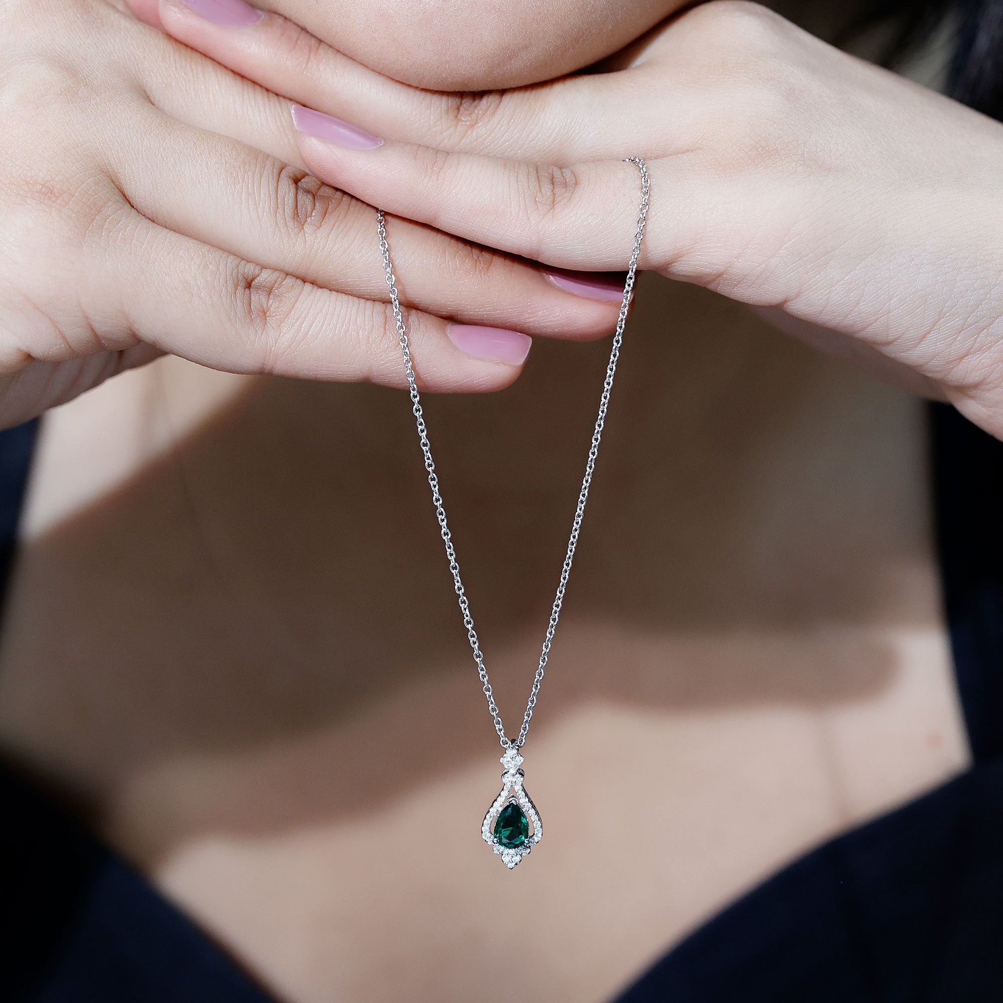 Vintage Inspired Lab Grown Emerald 0.75 Carat Bridal Necklace with Silver Chain AAAA 92.5 Sterling Silver - Rosec Jewels