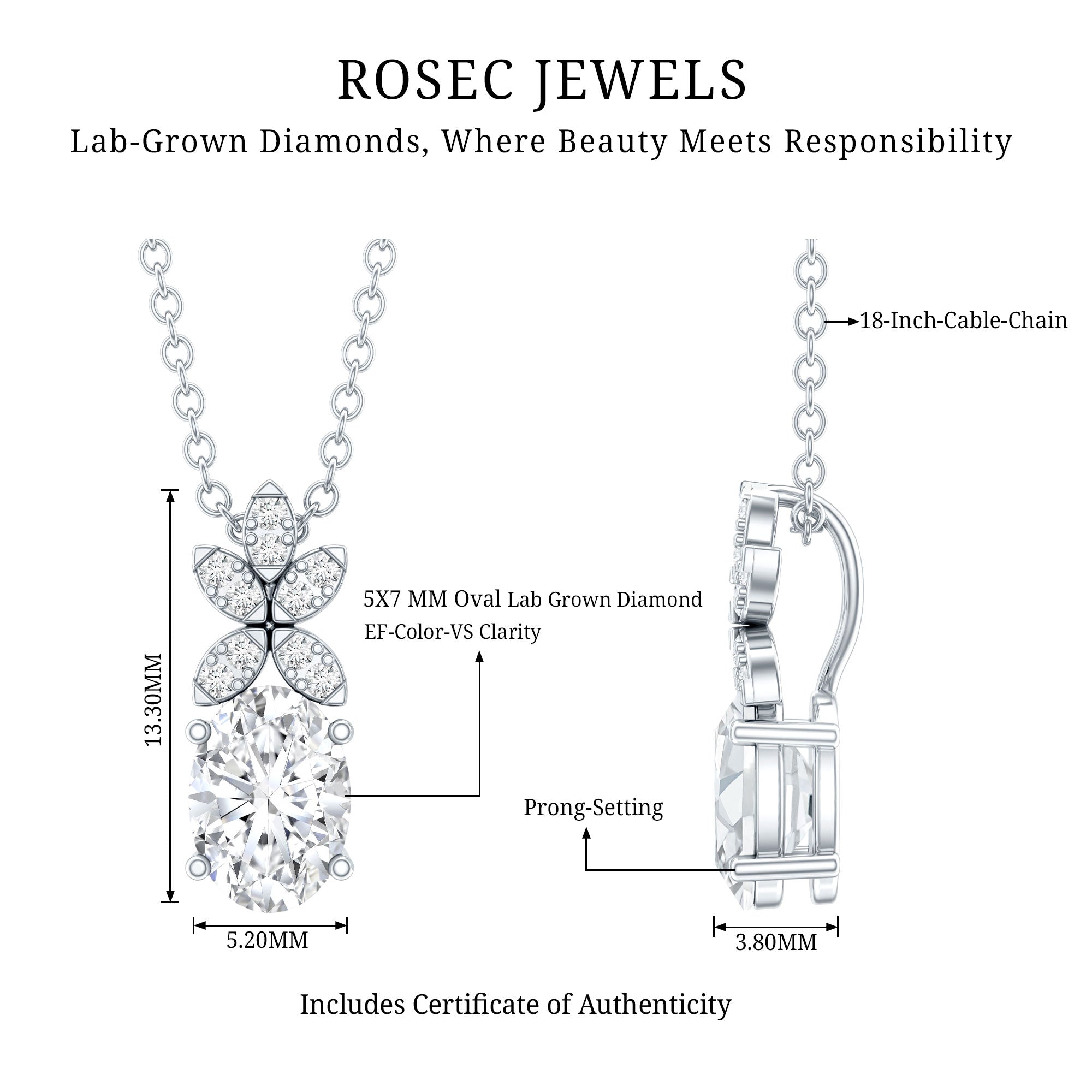 5X7 MM Oval Shaped Lab Grown Diamond Flower Pendant Lab - ( EF-VS ) - Rosec Jewels