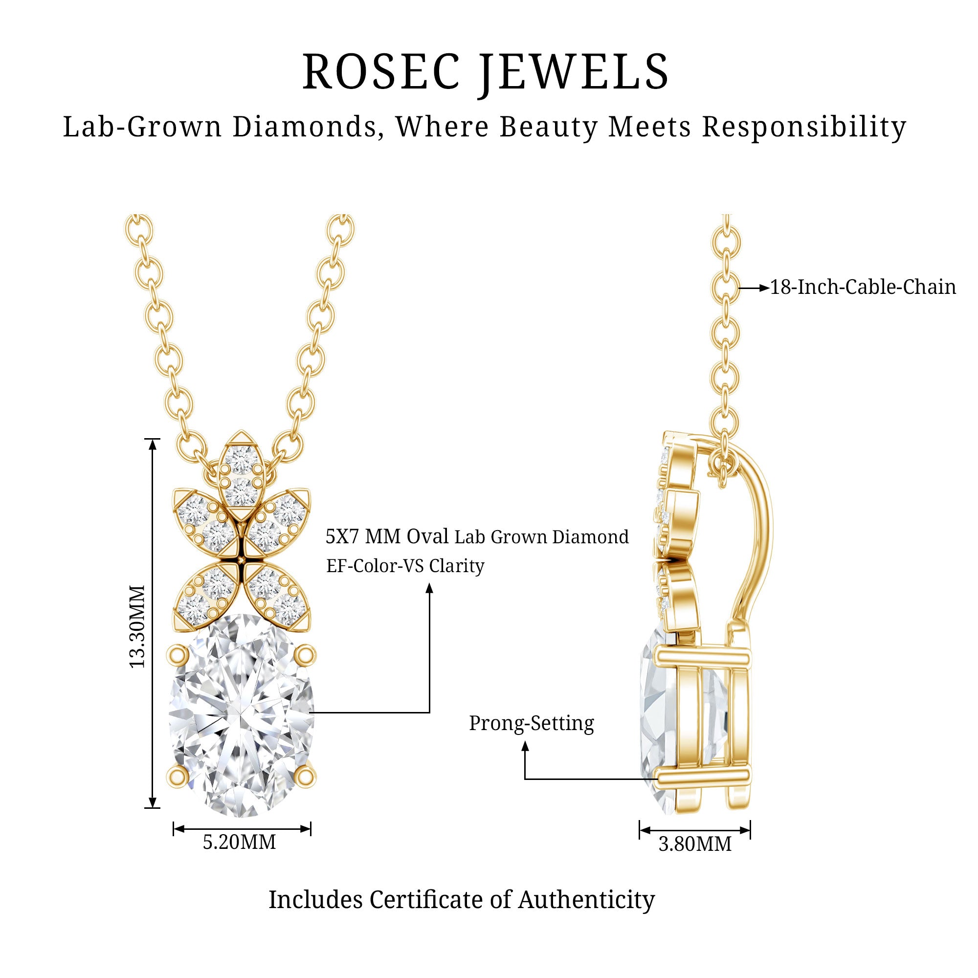 5X7 MM Oval Shaped Lab Grown Diamond Flower Pendant Lab - ( EF-VS ) - Rosec Jewels