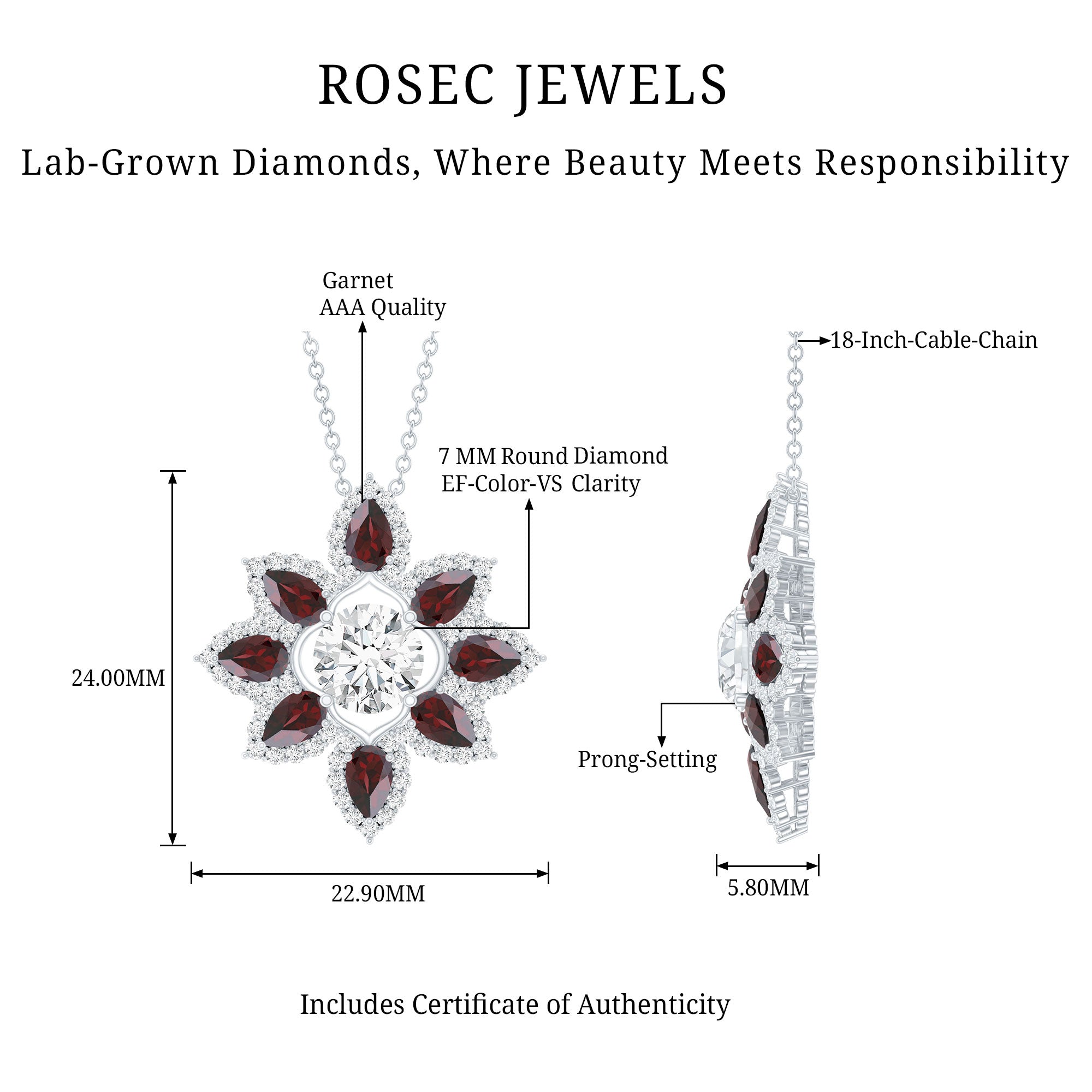 Certified Lab Grown Diamond Flower Pendant With Garnet Lab - ( EF-VS ) - Rosec Jewels