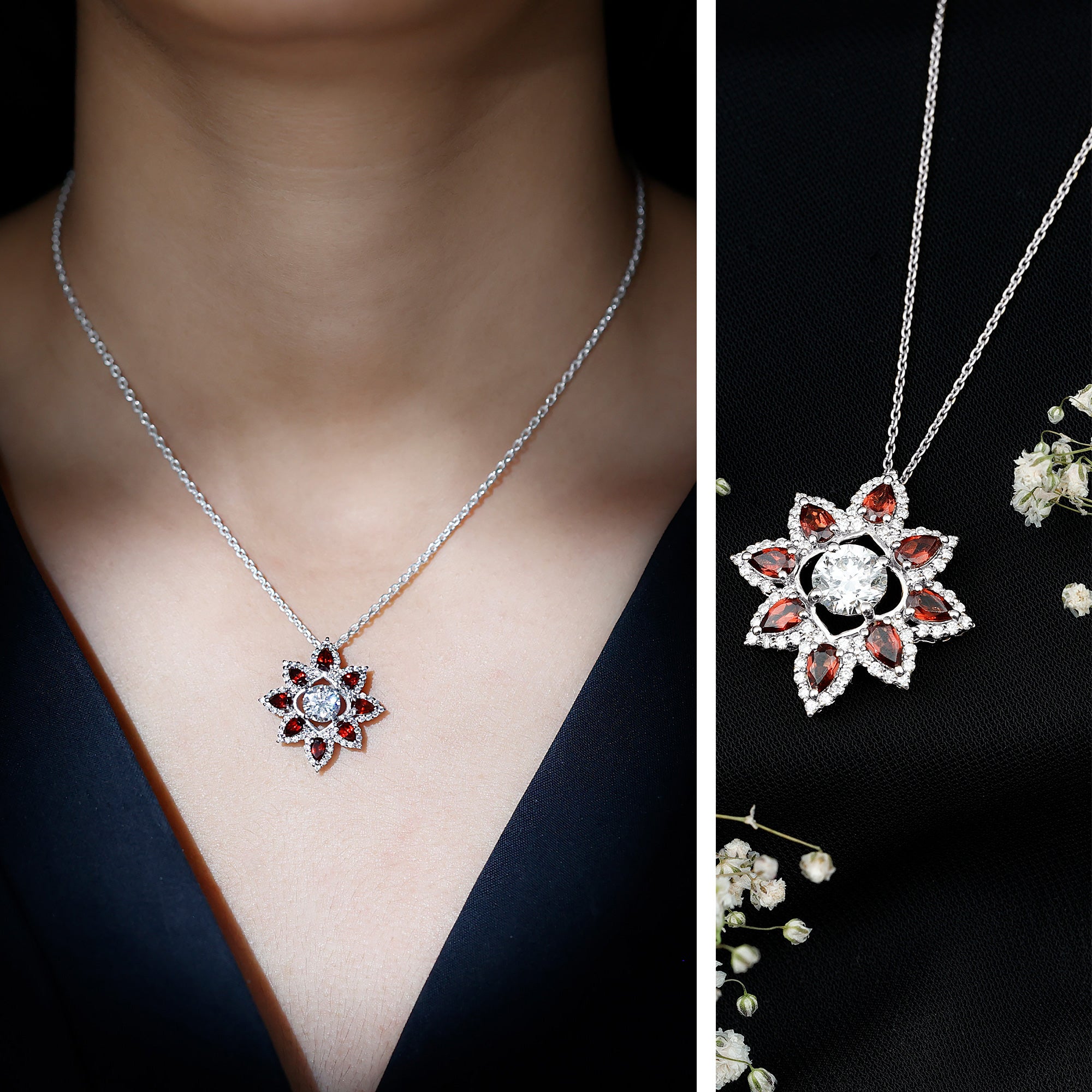 Certified Lab Grown Diamond Flower Pendant With Garnet Lab - ( EF-VS ) - Rosec Jewels