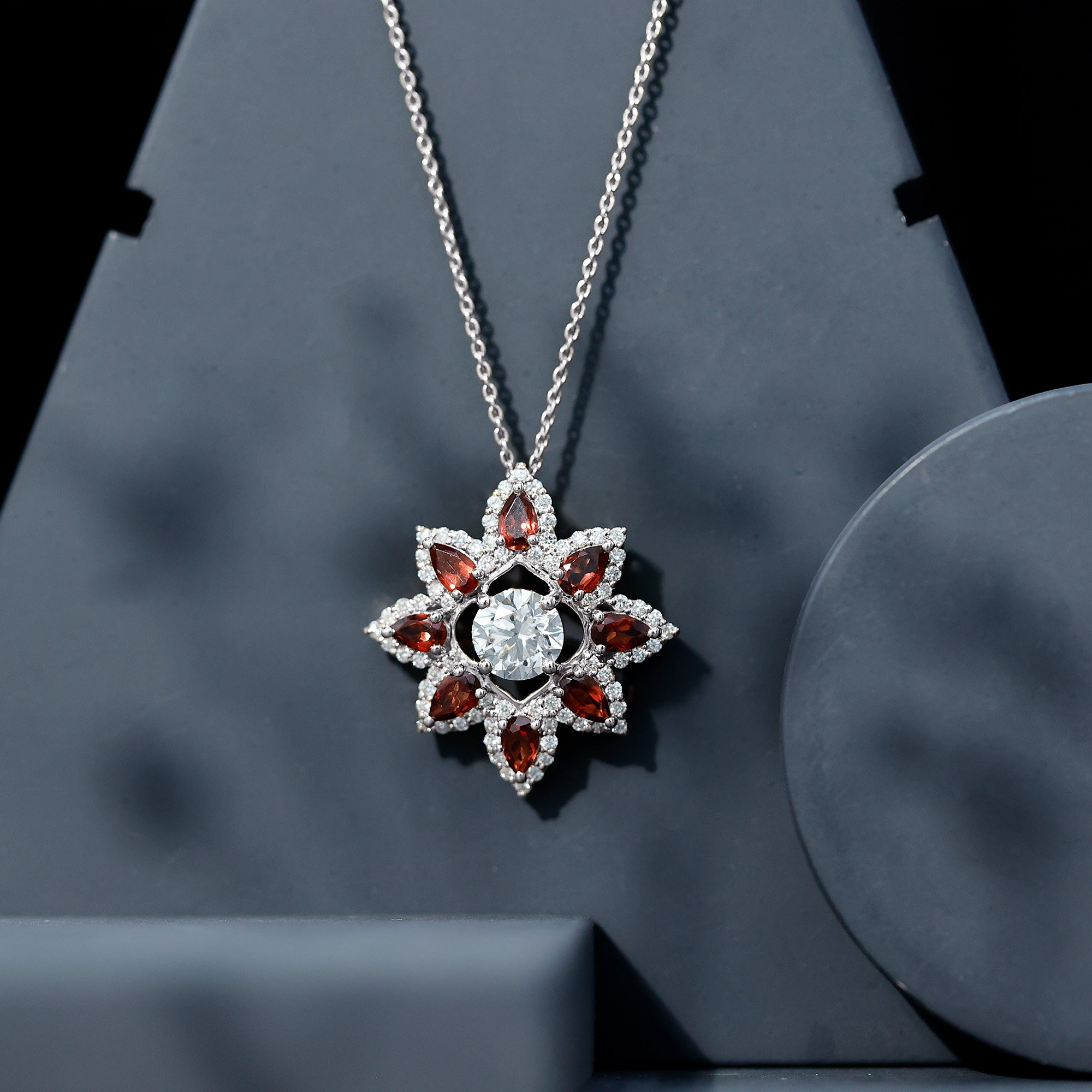 Certified Lab Grown Diamond Flower Pendant With Garnet Lab - ( EF-VS ) - Rosec Jewels