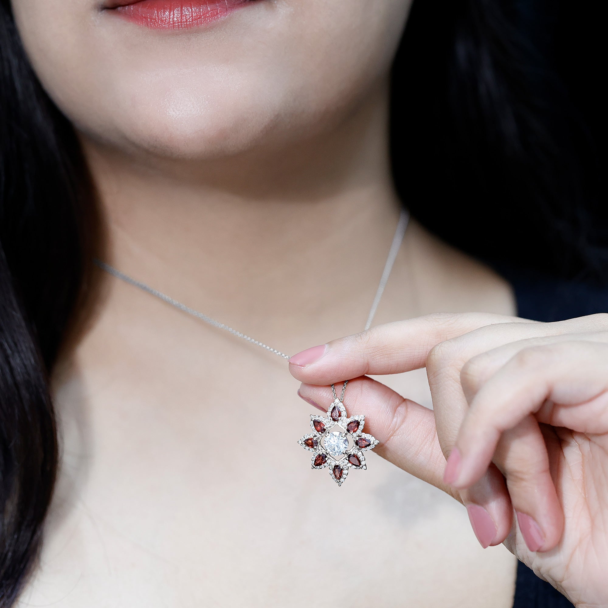 Certified Lab Grown Diamond Flower Pendant With Garnet Lab - ( EF-VS ) - Rosec Jewels