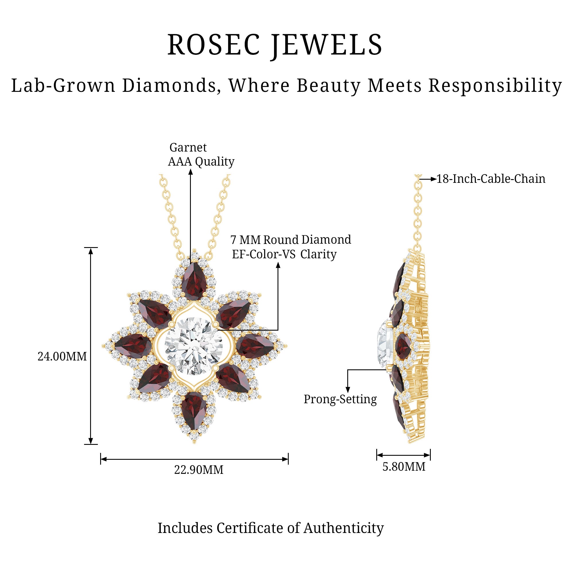 Certified Lab Grown Diamond Flower Pendant With Garnet Lab - ( EF-VS ) - Rosec Jewels