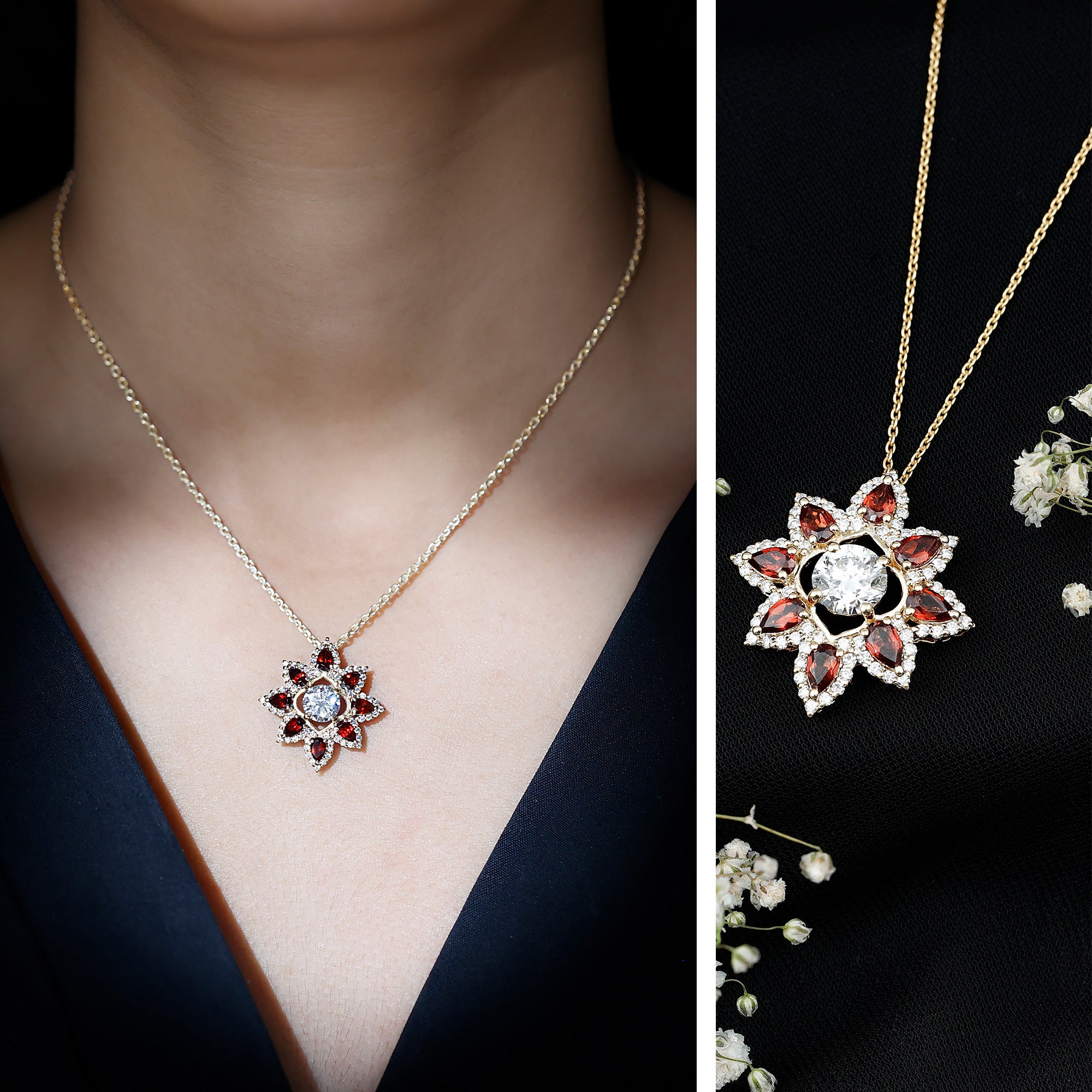 Certified Lab Grown Diamond Flower Pendant With Garnet Lab - ( EF-VS ) - Rosec Jewels
