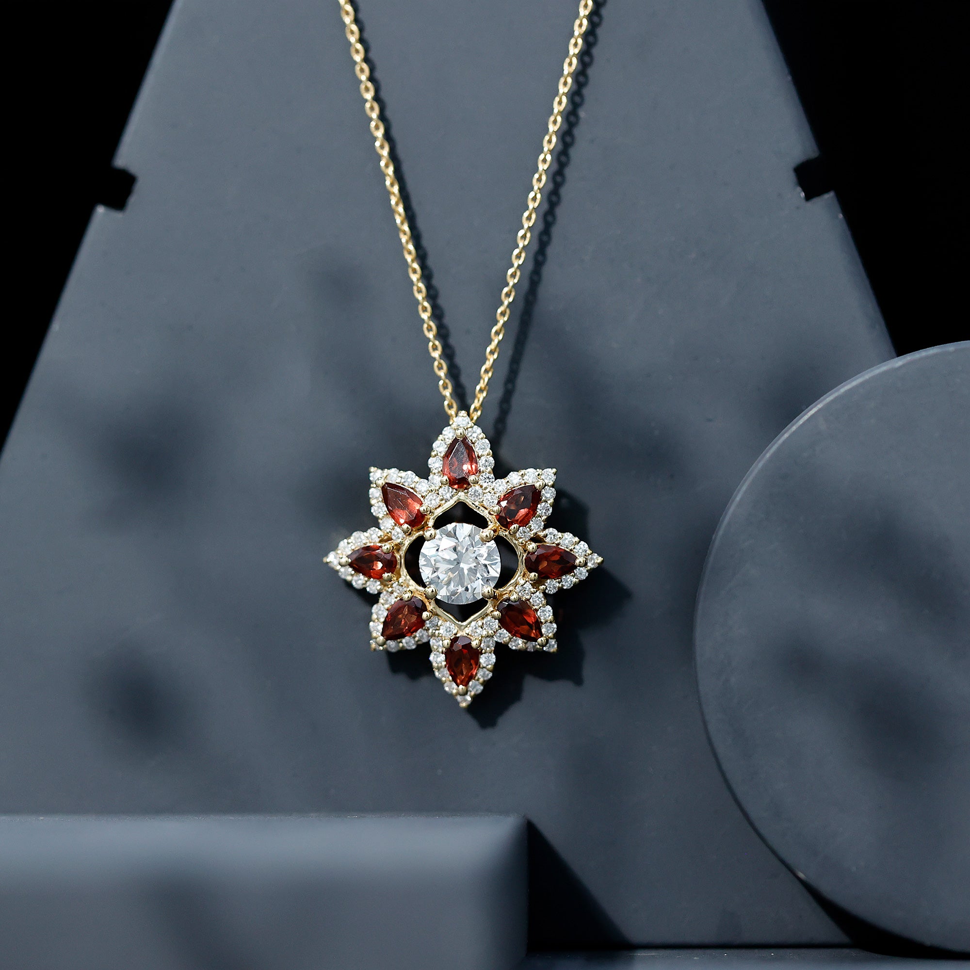Certified Lab Grown Diamond Flower Pendant With Garnet Lab - ( EF-VS ) - Rosec Jewels