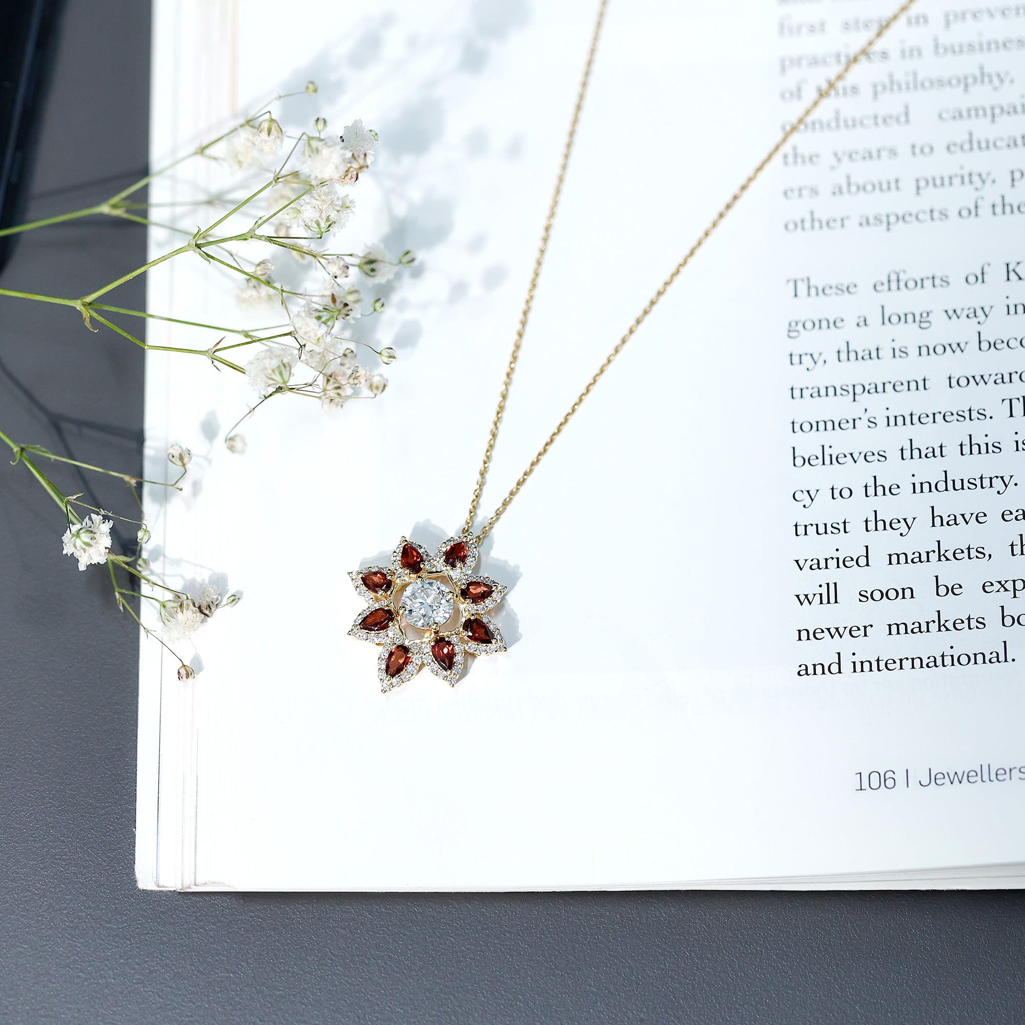 Certified Lab Grown Diamond Flower Pendant With Garnet Lab - ( EF-VS ) - Rosec Jewels