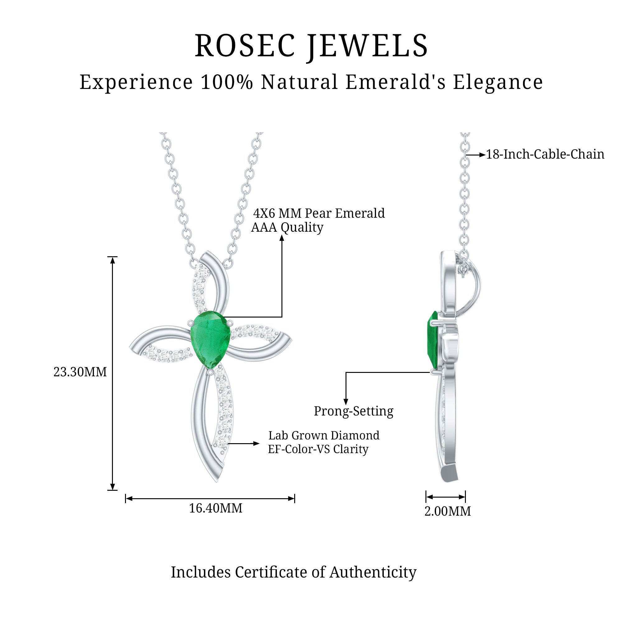 Pear Cut Emerald Cross Pendant With Lab Grown Diamond AAA - Rosec Jewels
