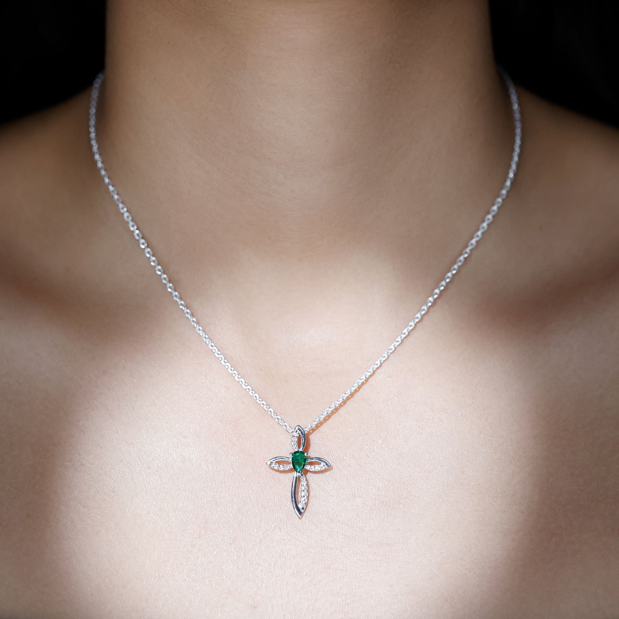 Pear Cut Emerald Cross Pendant With Lab Grown Diamond AAA - Rosec Jewels