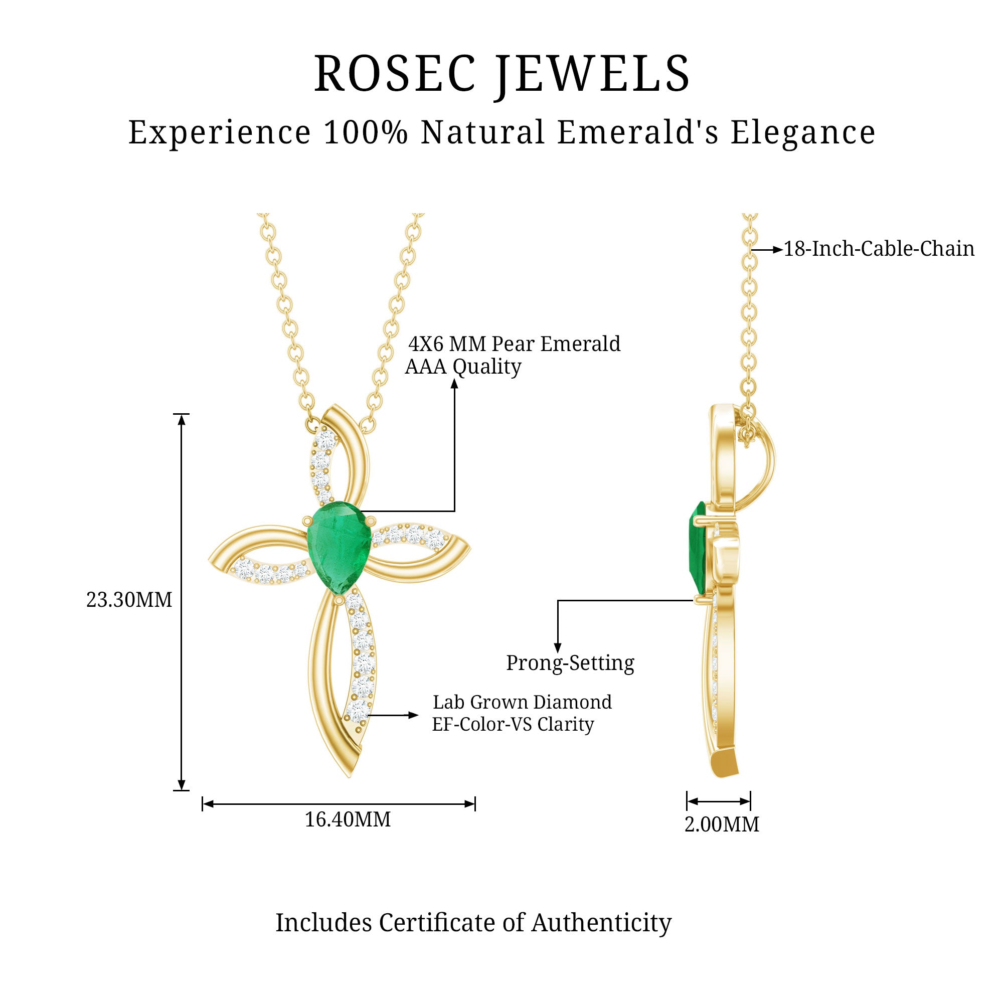 Pear Cut Emerald Cross Pendant With Lab Grown Diamond AAA - Rosec Jewels