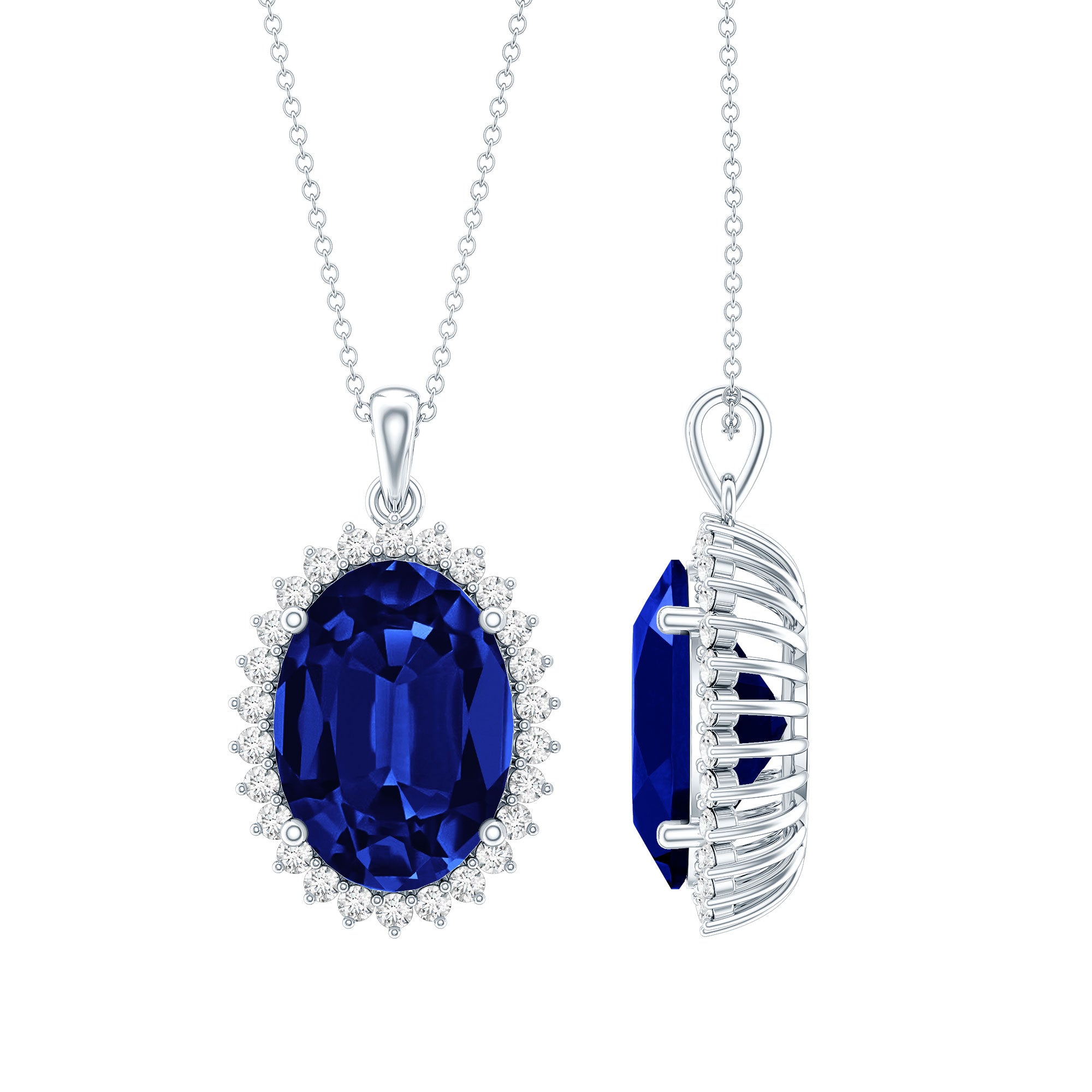 Certified 14 Carat Lab Grown Blue Sapphire Bridal Necklace With Silver Chain AAAA 92.5 Sterling Silver - Rosec Jewels
